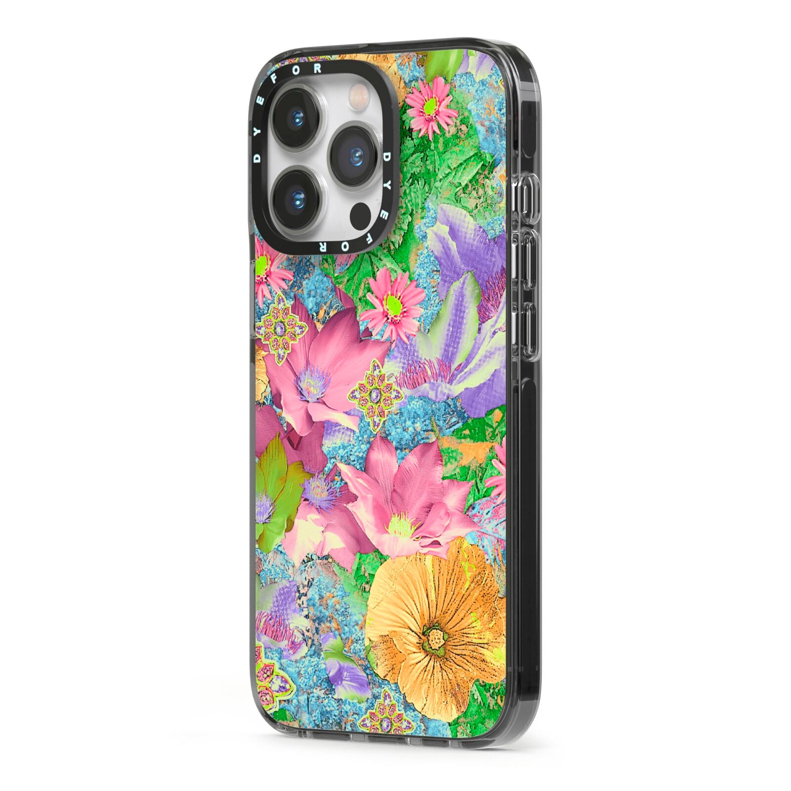 Vintage Floral Pattern iPhone 13 Pro Black Impact Case Side Angle on Silver phone