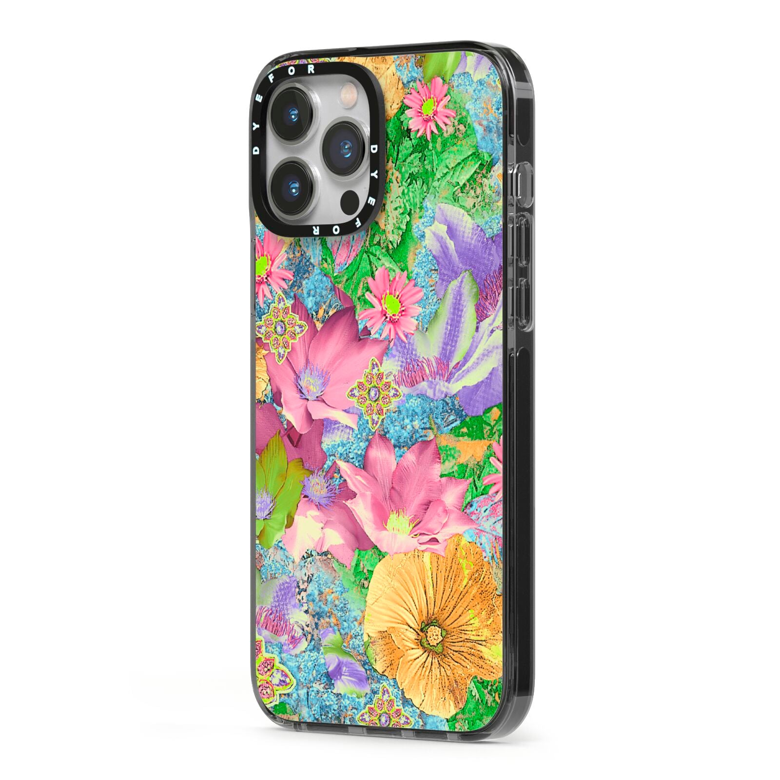 Vintage Floral Pattern iPhone 13 Pro Max Black Impact Case Side Angle on Silver phone