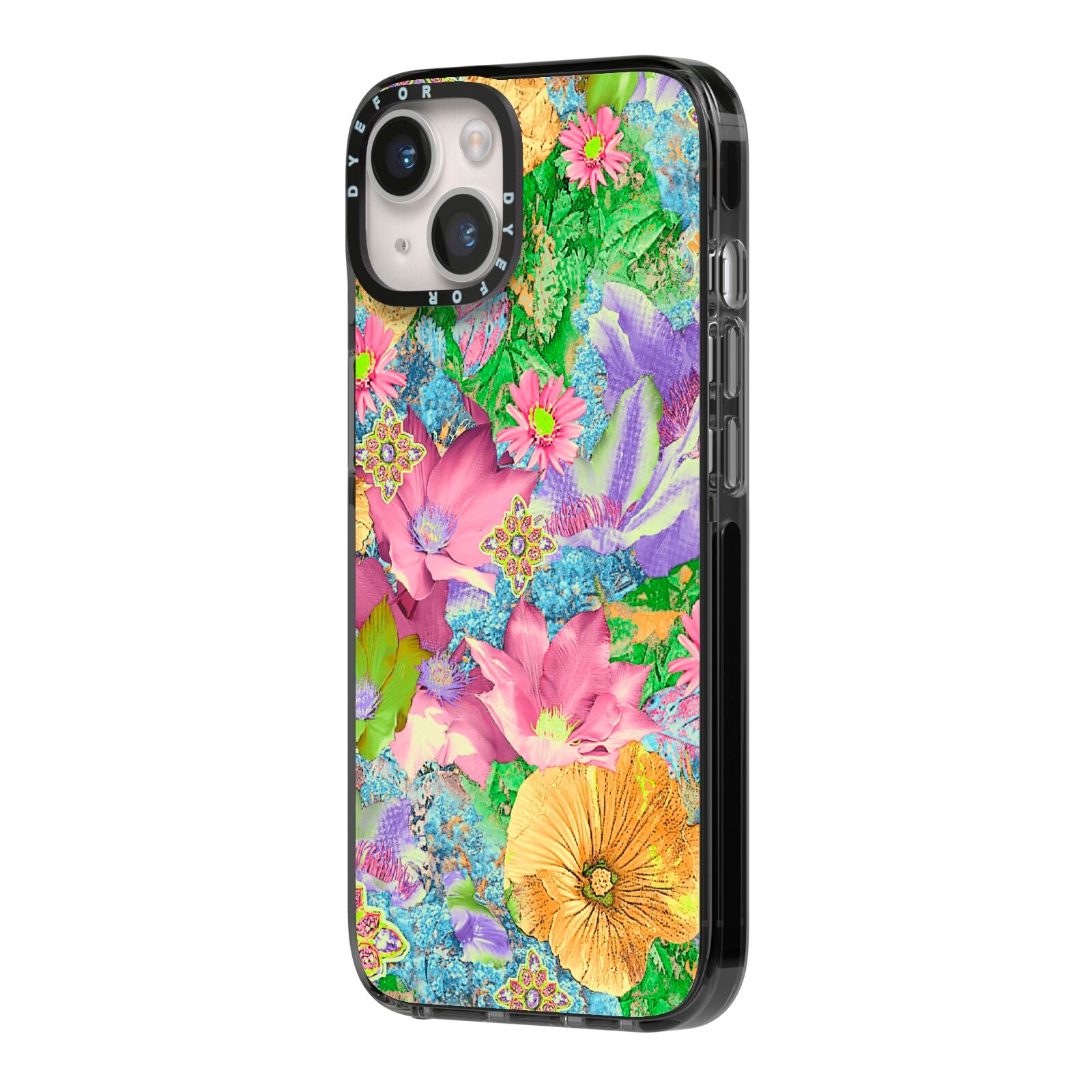 Vintage Floral Pattern iPhone 14 Black Impact Case Side Angle on Silver phone
