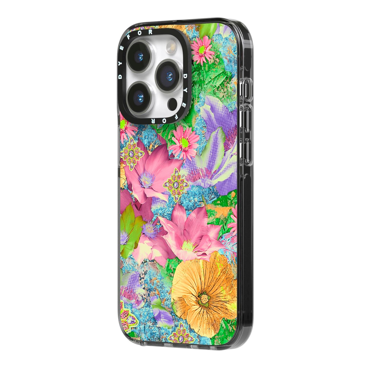 Vintage Floral Pattern iPhone 14 Pro Black Impact Case Side Angle on Silver phone