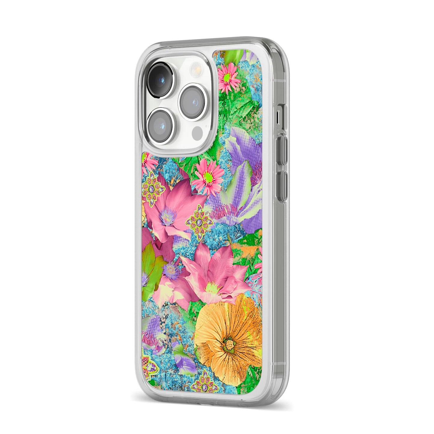 Vintage Floral Pattern iPhone 14 Pro Clear Tough Case Silver Angled Image