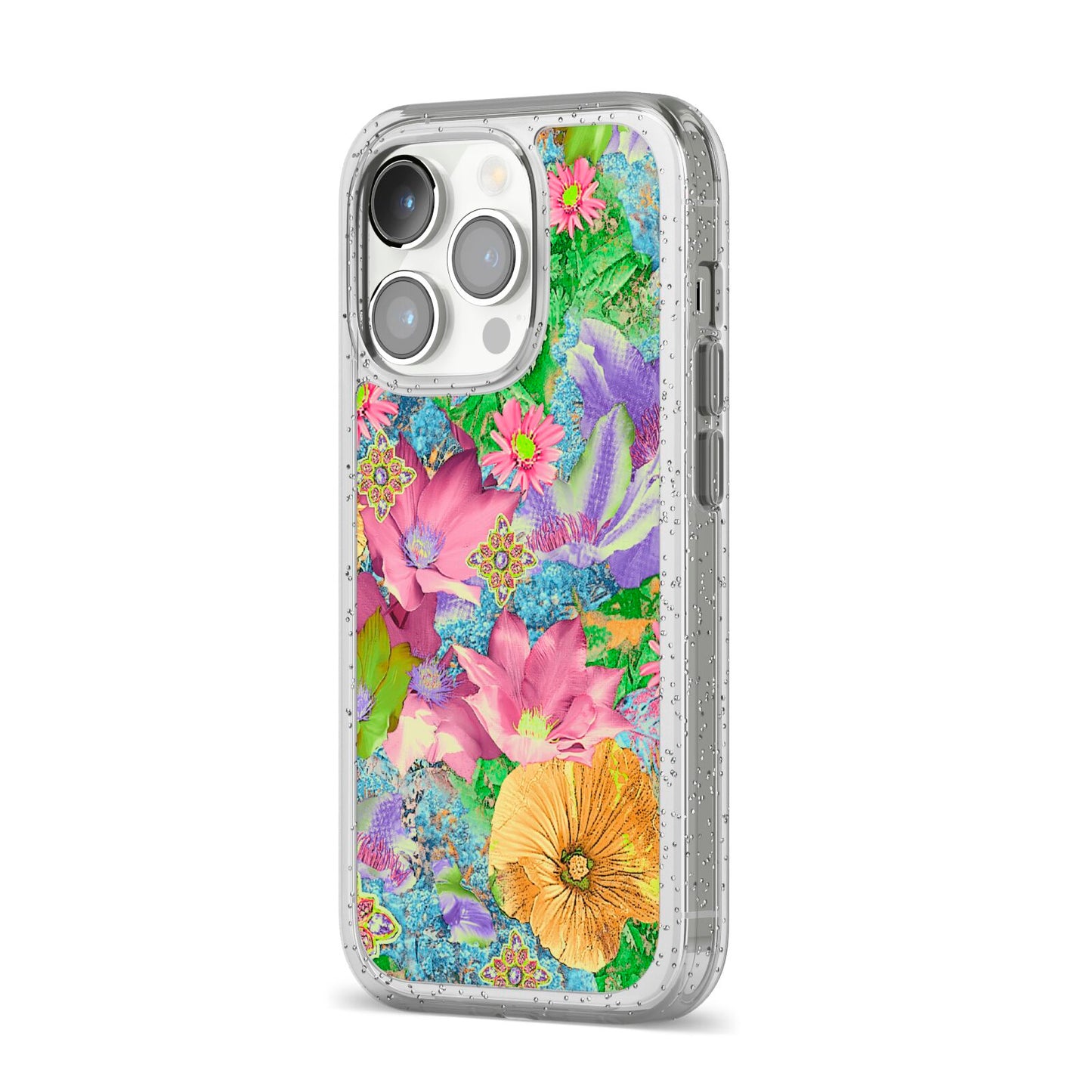Vintage Floral Pattern iPhone 14 Pro Glitter Tough Case Silver Angled Image