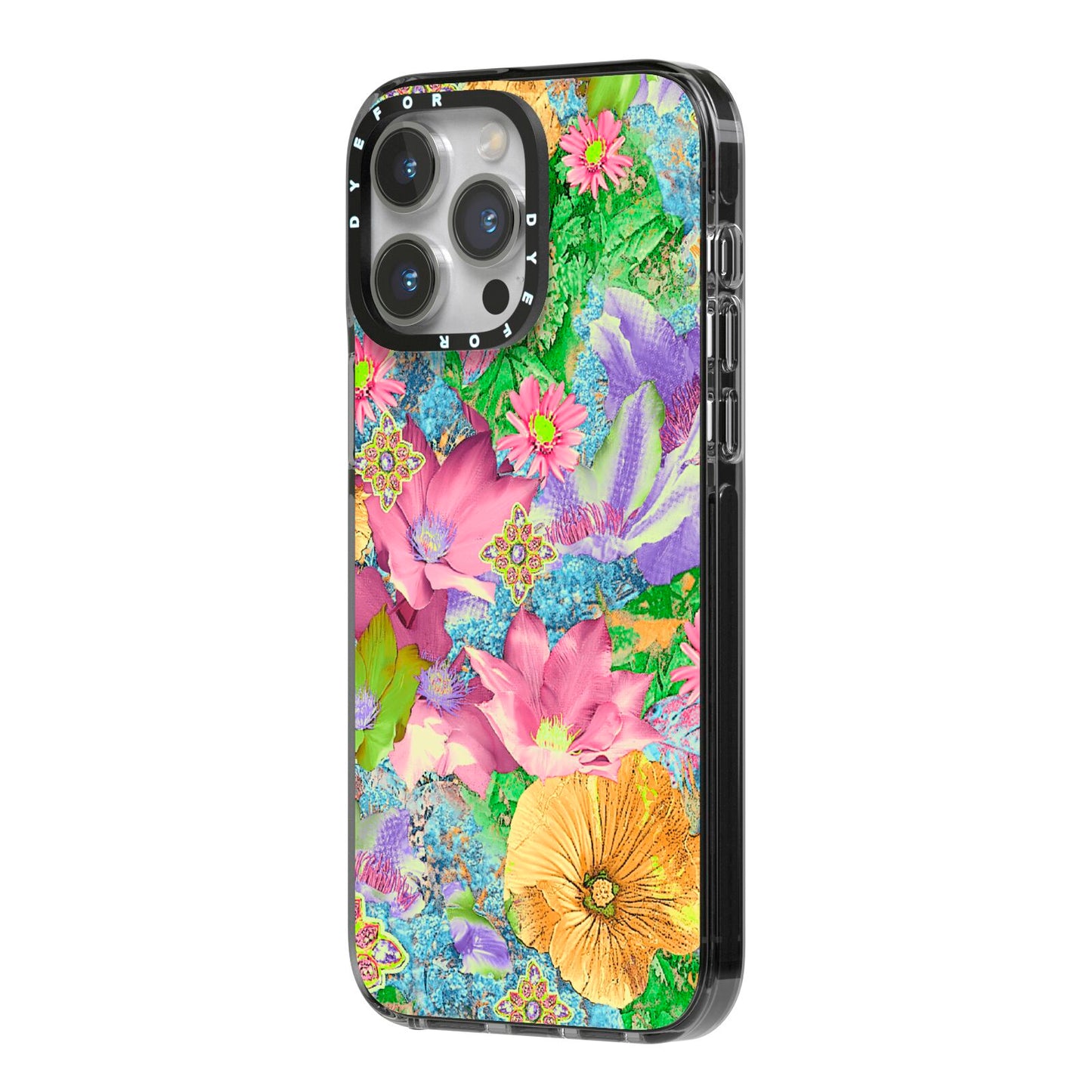 Vintage Floral Pattern iPhone 14 Pro Max Black Impact Case Side Angle on Silver phone