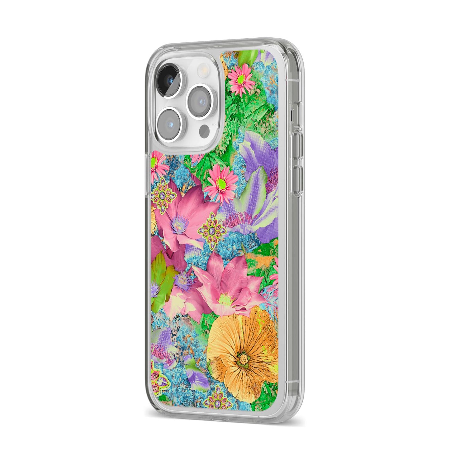 Vintage Floral Pattern iPhone 14 Pro Max Clear Tough Case Silver Angled Image