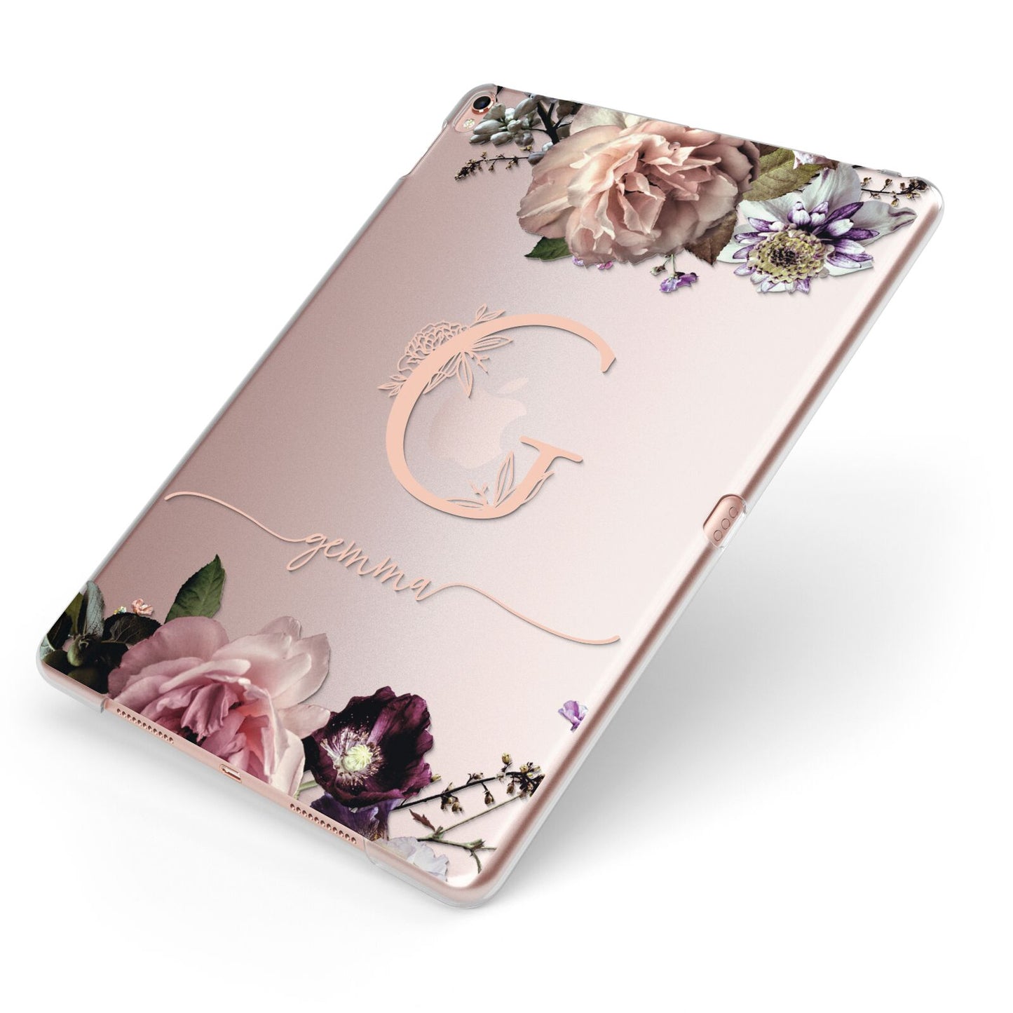 Vintage Floral Personalised Apple iPad Case on Rose Gold iPad Side View