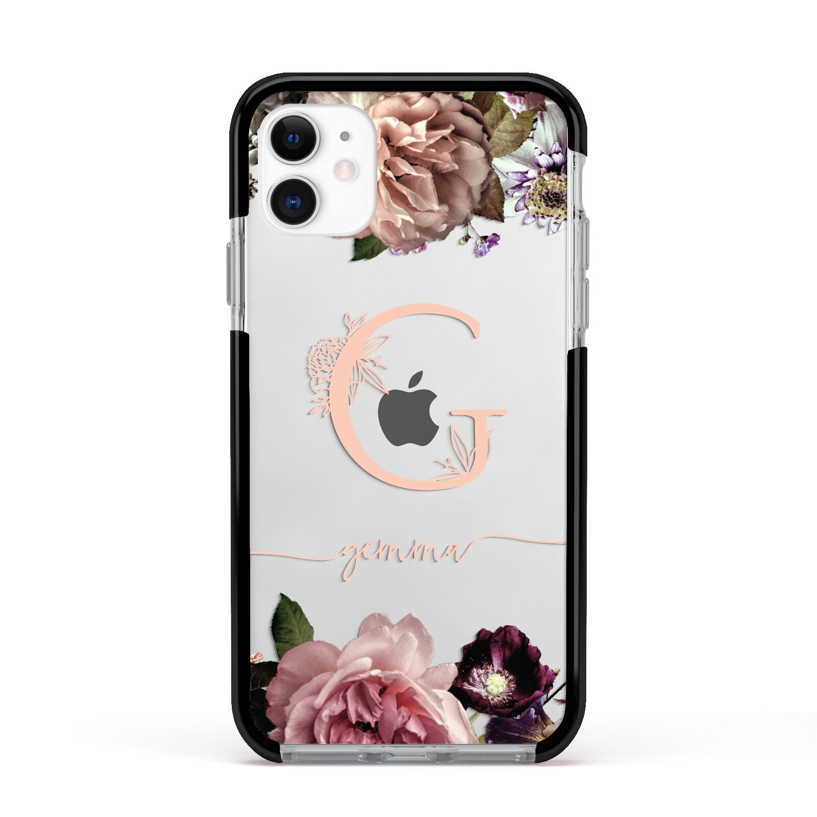 Vintage Floral Personalised Apple iPhone 11 in White with Black Impact Case