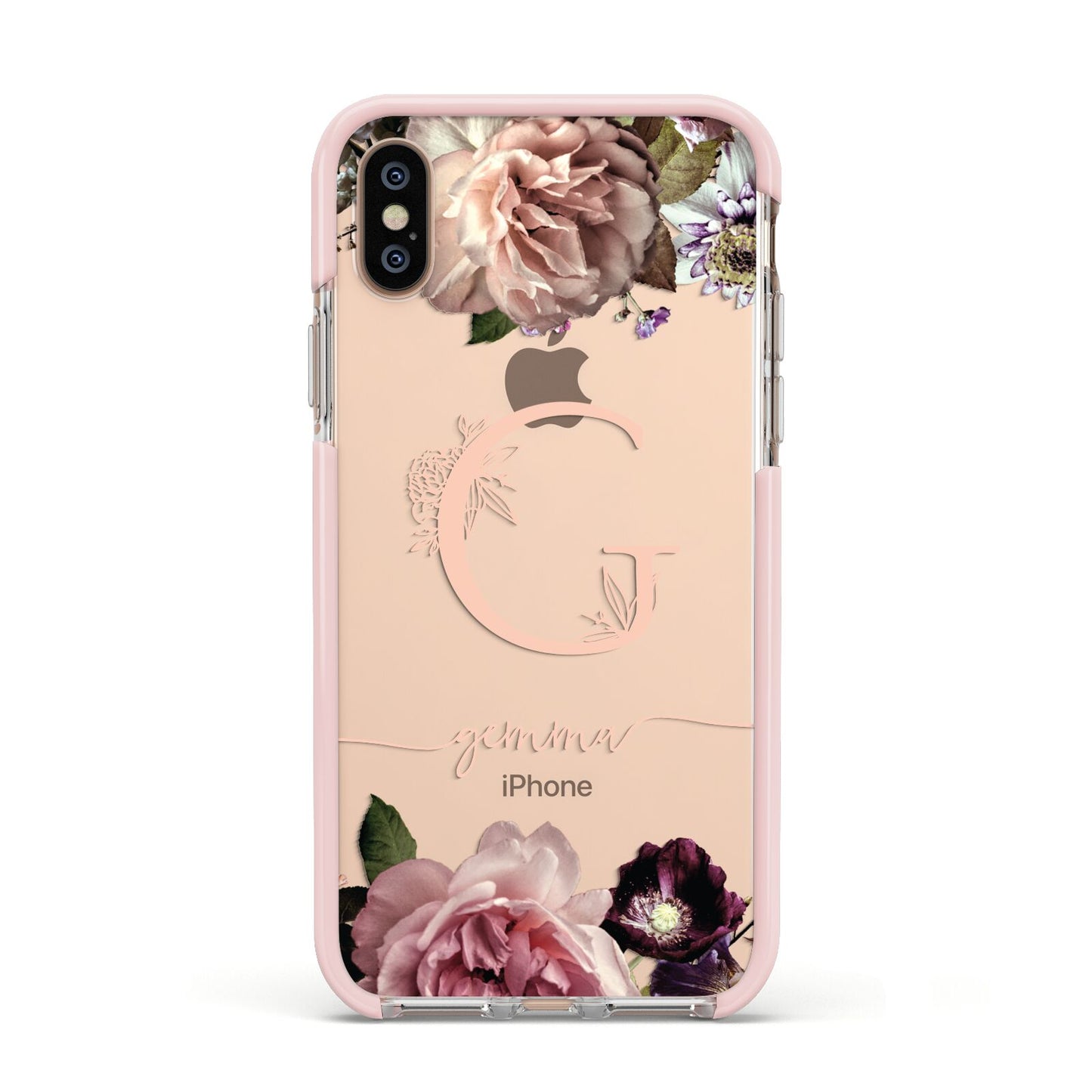 Vintage Floral Personalised Apple iPhone Xs Impact Case Pink Edge on Gold Phone