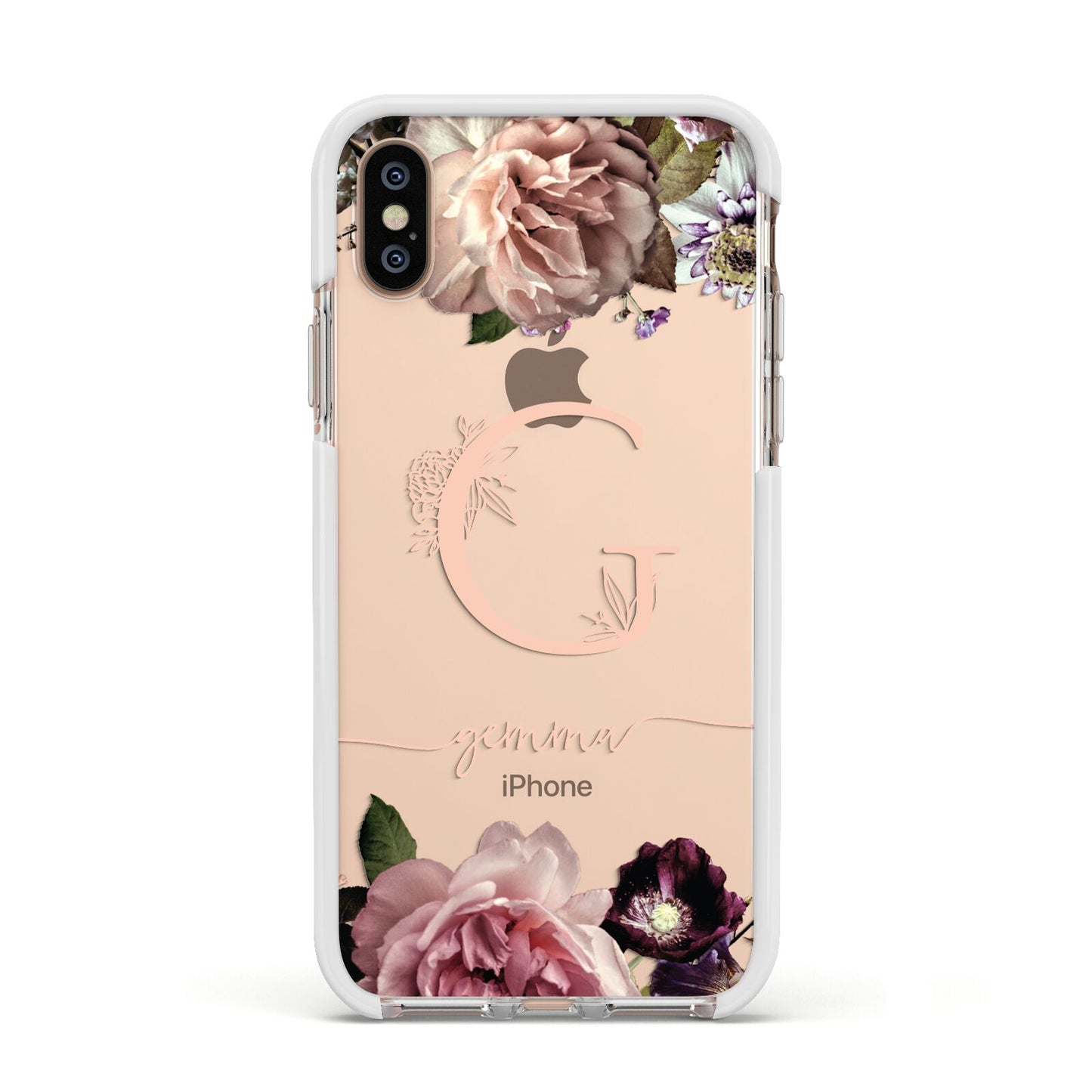 Vintage Floral Personalised Apple iPhone Xs Impact Case White Edge on Gold Phone