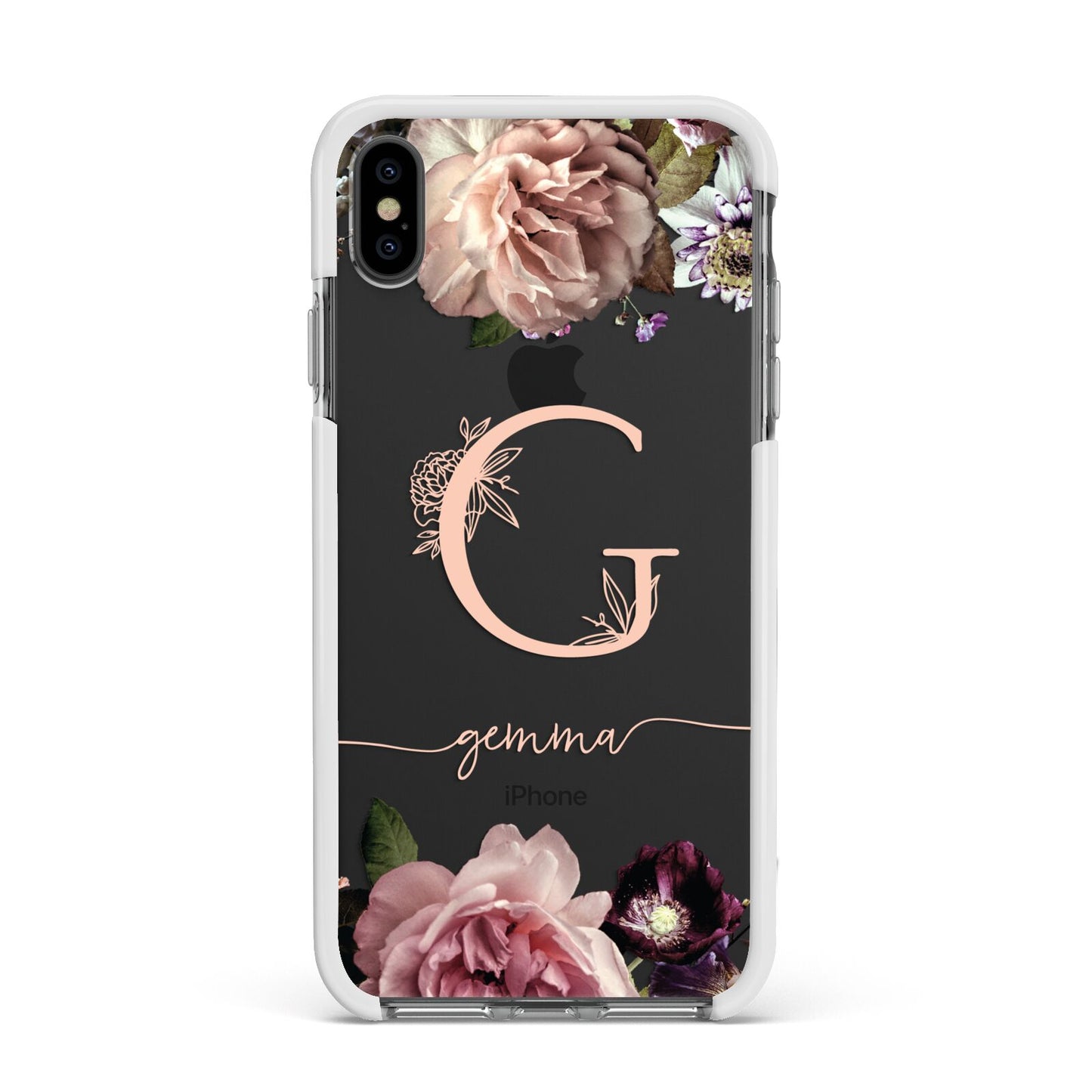 Vintage Floral Personalised Apple iPhone Xs Max Impact Case White Edge on Black Phone