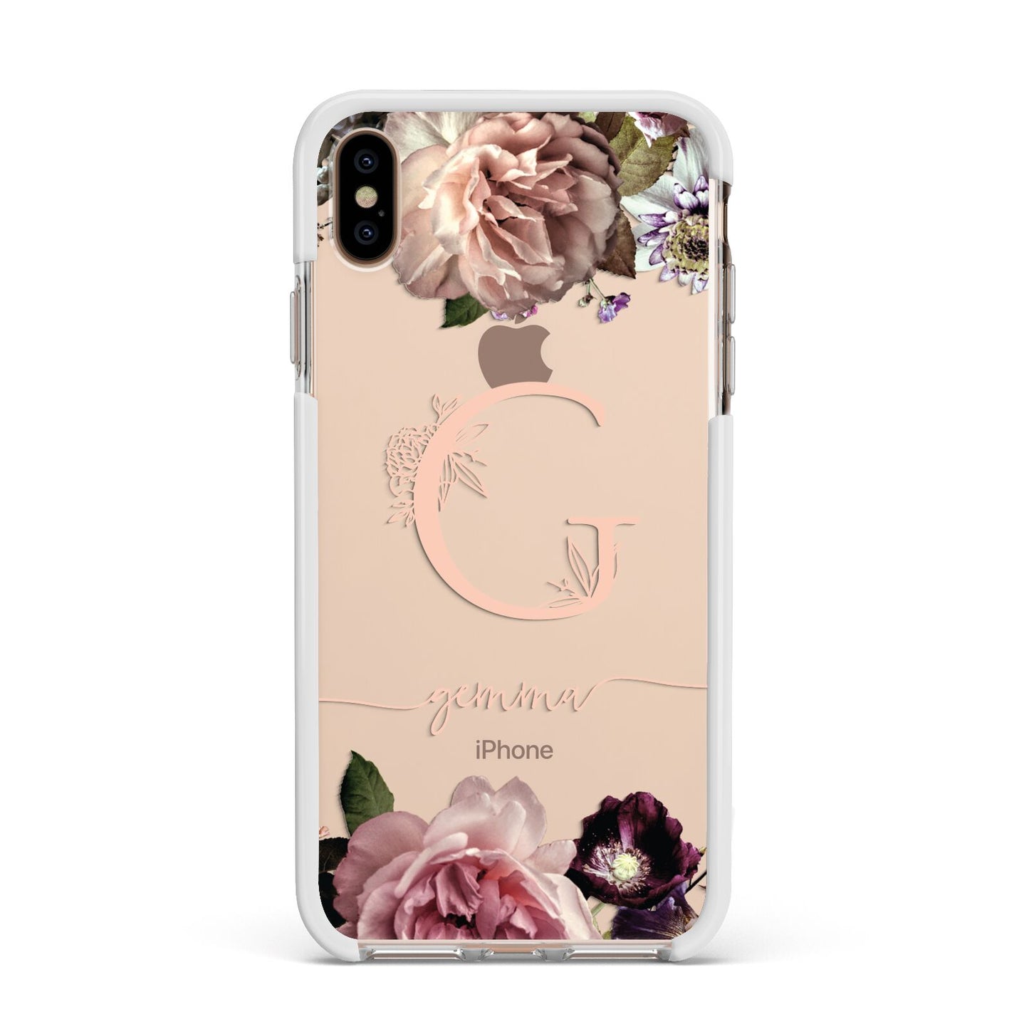 Vintage Floral Personalised Apple iPhone Xs Max Impact Case White Edge on Gold Phone