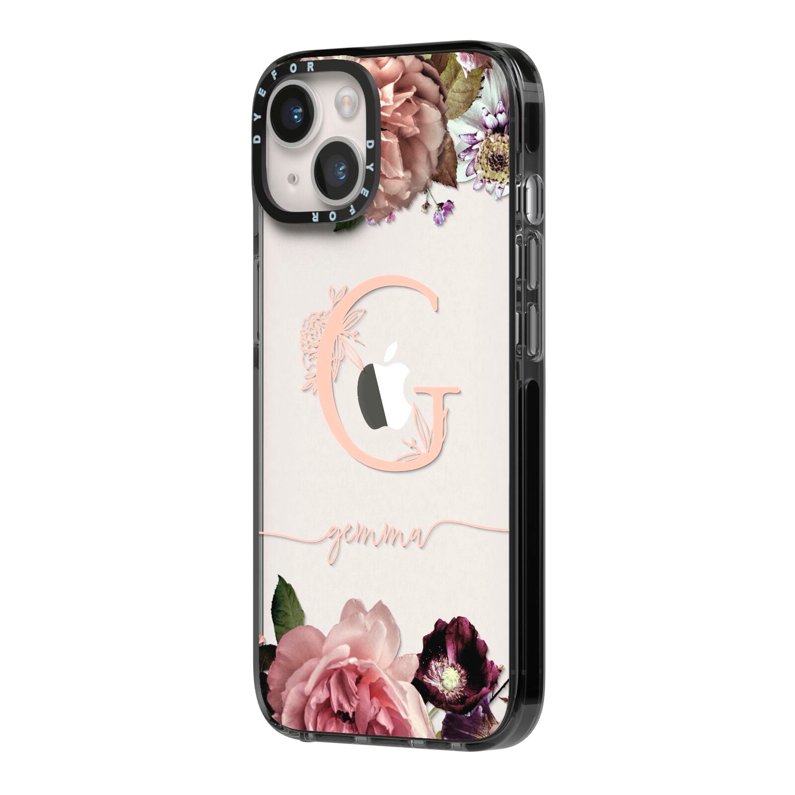 Vintage Floral Personalised iPhone 14 Black Impact Case Side Angle on Silver phone