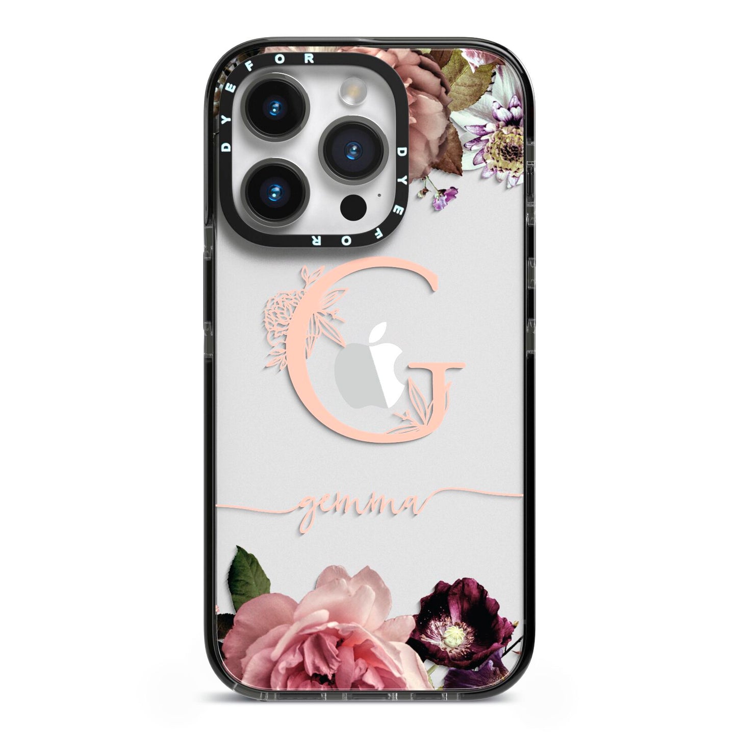 Vintage Floral Personalised iPhone 14 Pro Black Impact Case on Silver phone