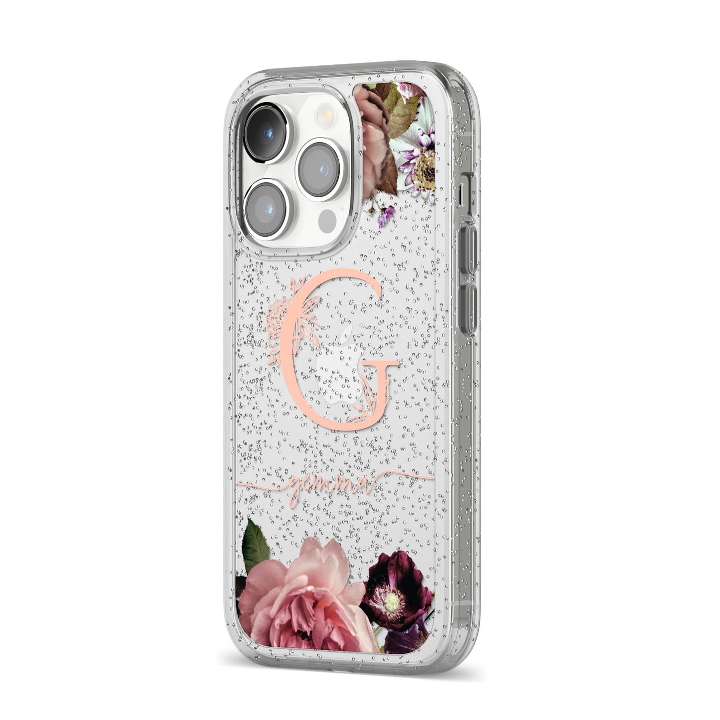 Vintage Floral Personalised iPhone 14 Pro Glitter Tough Case Silver Angled Image