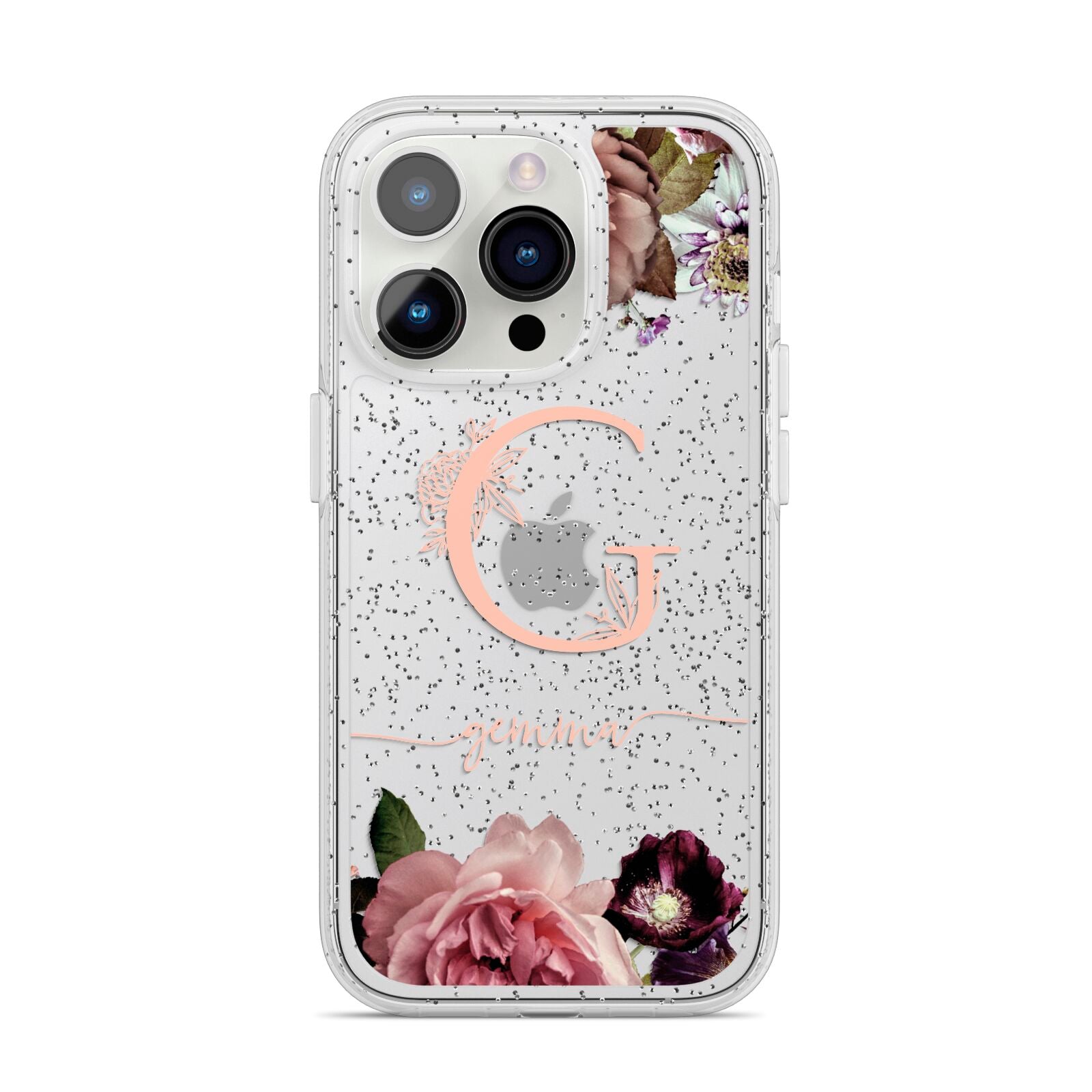 Vintage Floral Personalised iPhone 14 Pro Glitter Tough Case Silver