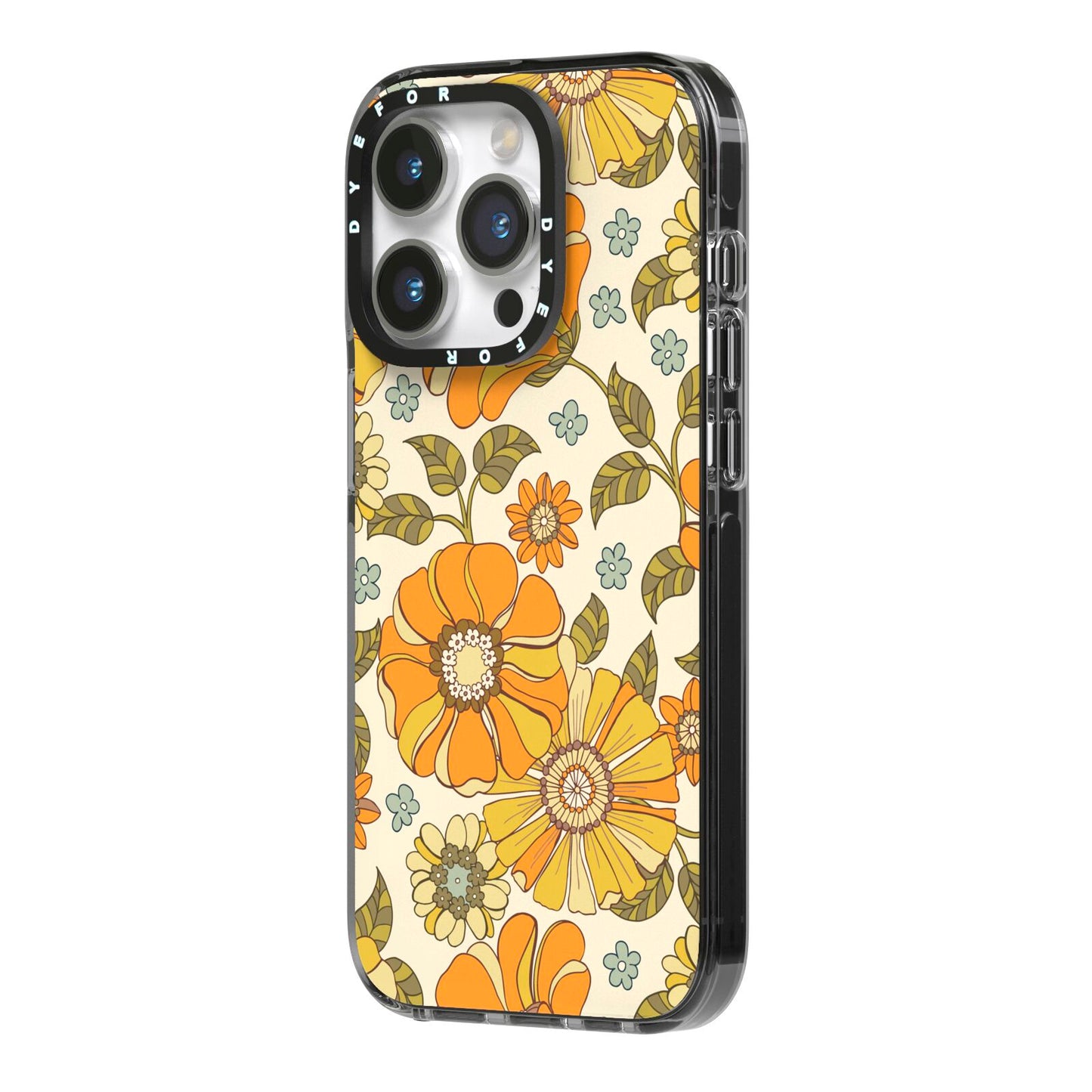 Vintage Floral iPhone 14 Pro Black Impact Case Side Angle on Silver phone