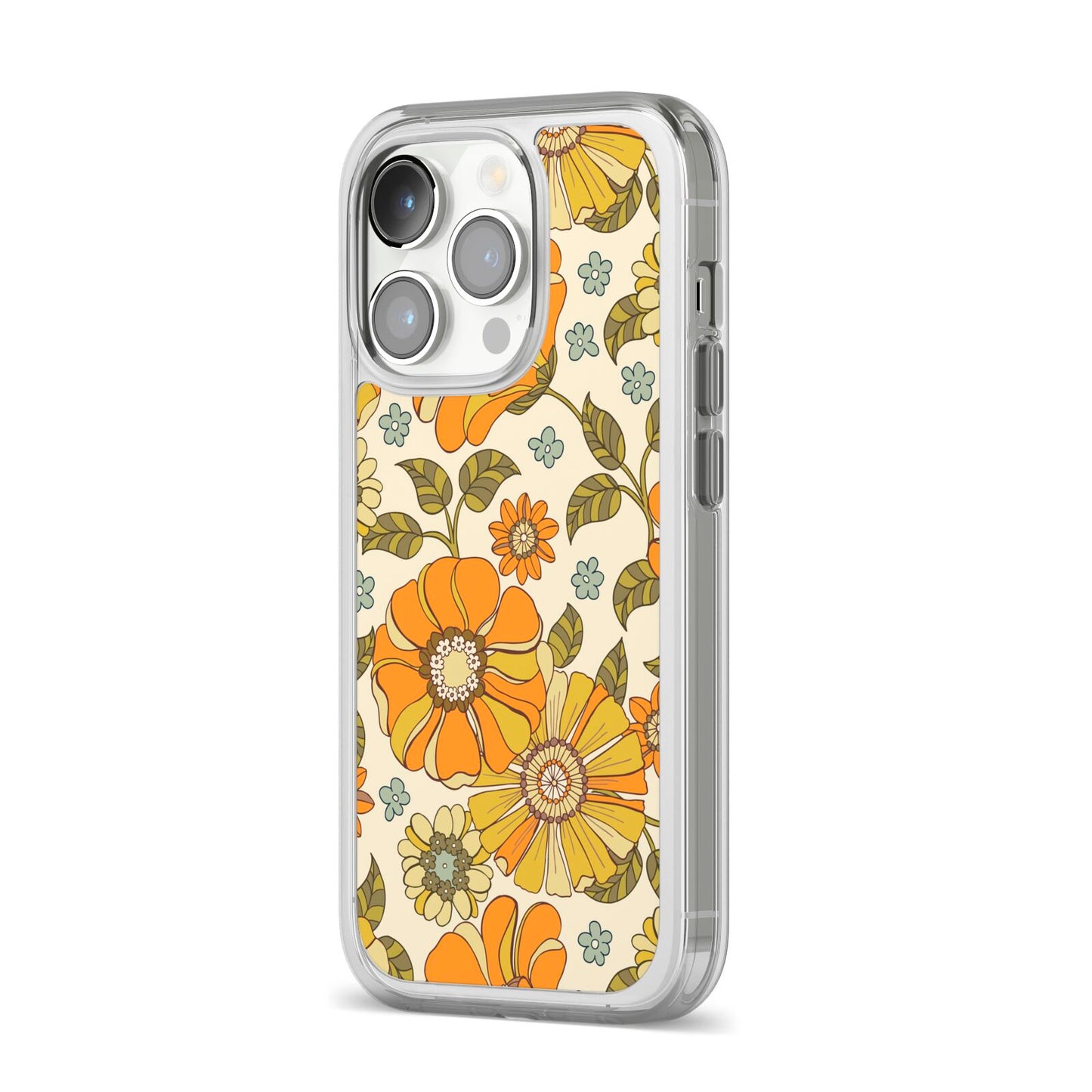 Vintage Floral iPhone 14 Pro Clear Tough Case Silver Angled Image