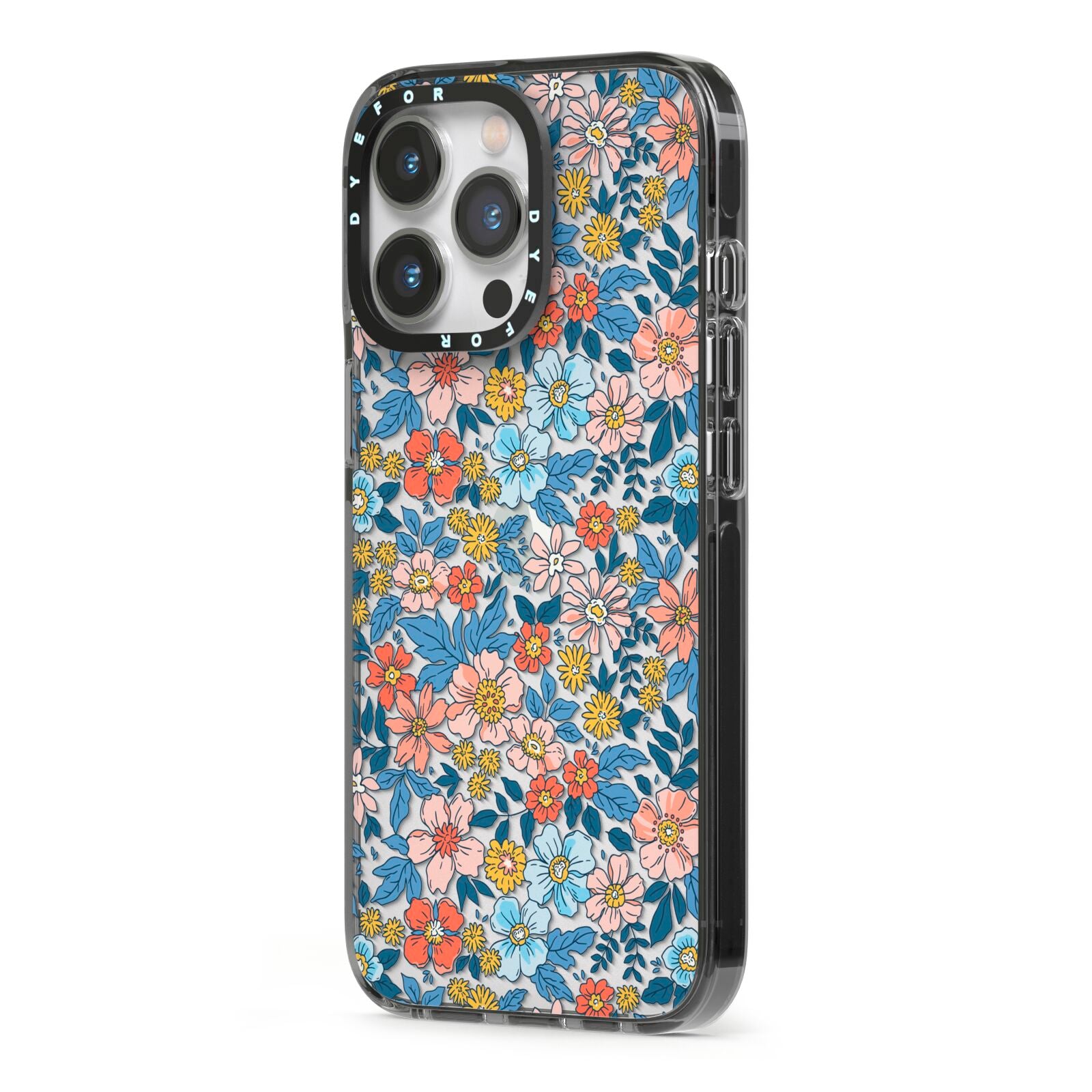 Vintage Flower iPhone 13 Pro Black Impact Case Side Angle on Silver phone