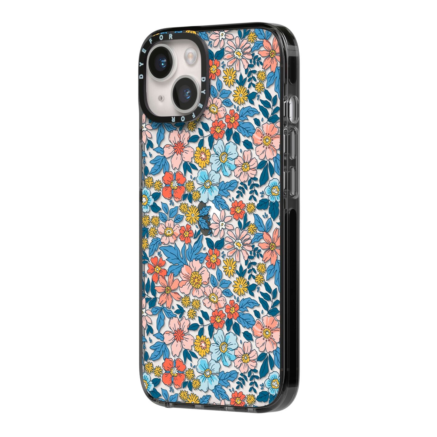 Vintage Flower iPhone 14 Black Impact Case Side Angle on Silver phone