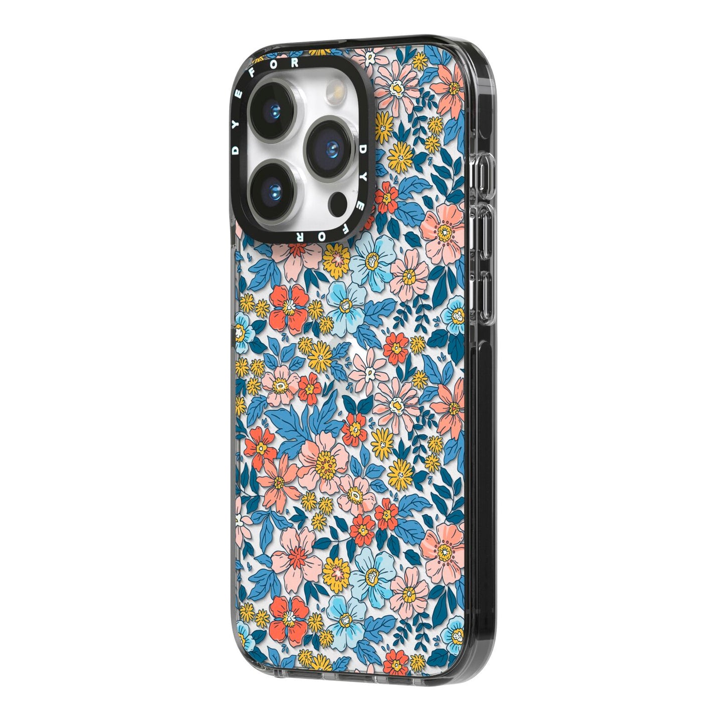 Vintage Flower iPhone 14 Pro Black Impact Case Side Angle on Silver phone