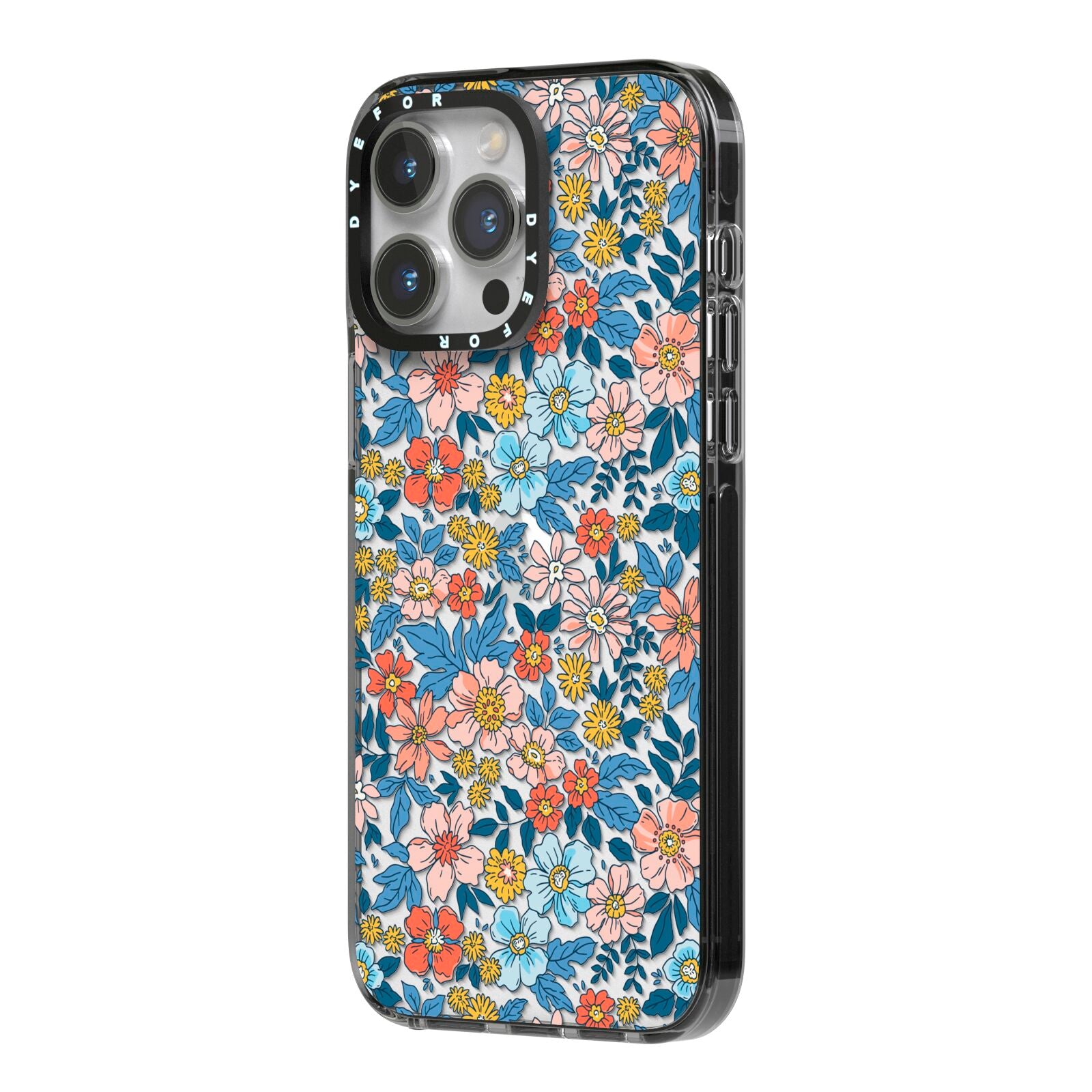 Vintage Flower iPhone 14 Pro Max Black Impact Case Side Angle on Silver phone