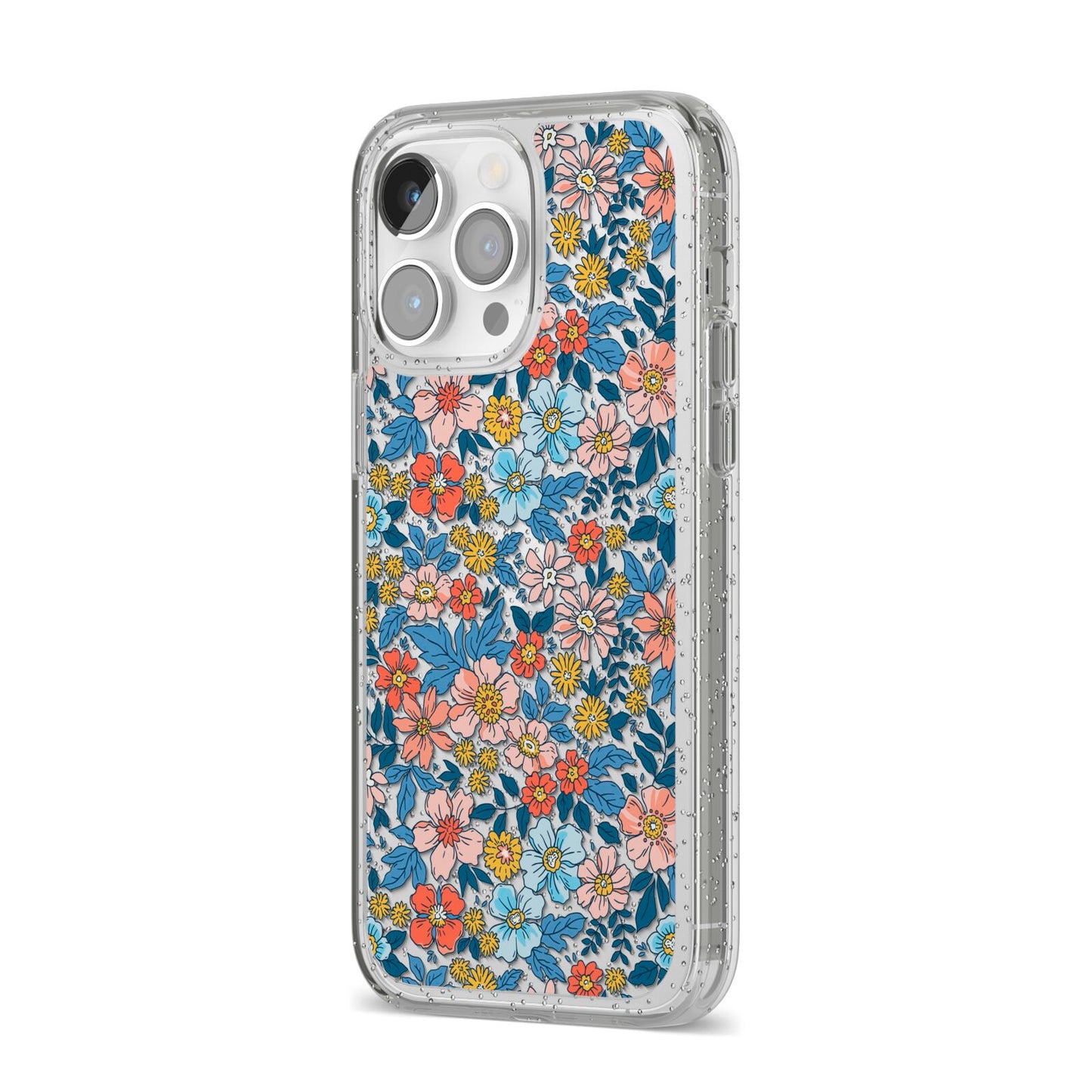 Vintage Flower iPhone 14 Pro Max Glitter Tough Case Silver Angled Image