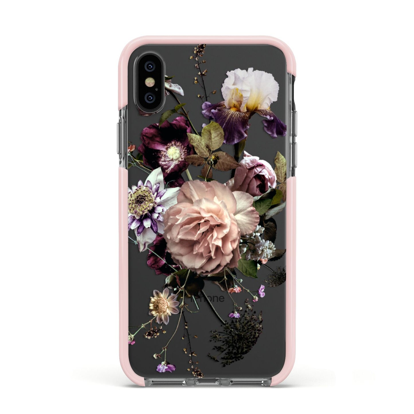 Vintage Flowers Apple iPhone Xs Impact Case Pink Edge on Black Phone