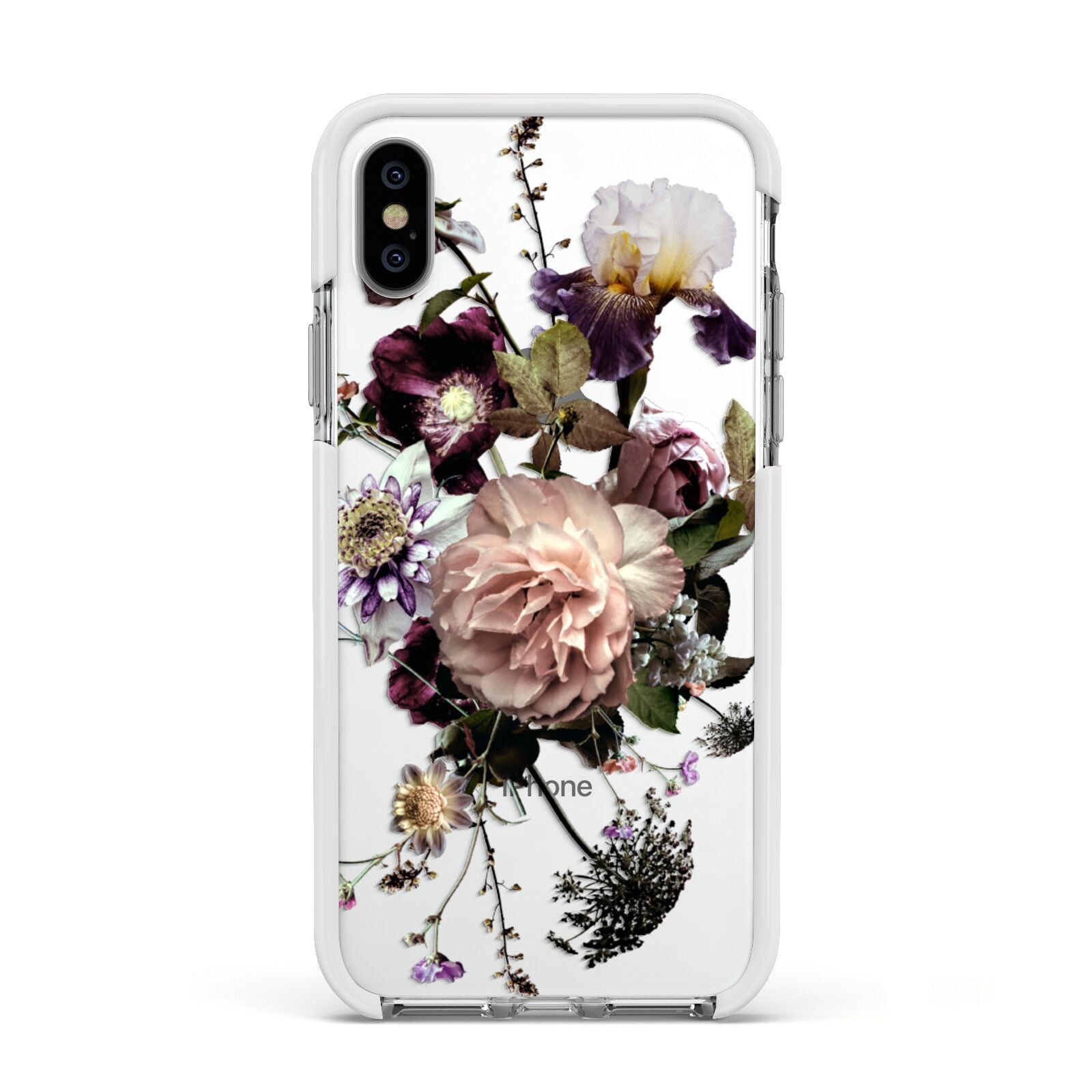 Vintage Flowers Apple iPhone Xs Impact Case White Edge on Silver Phone