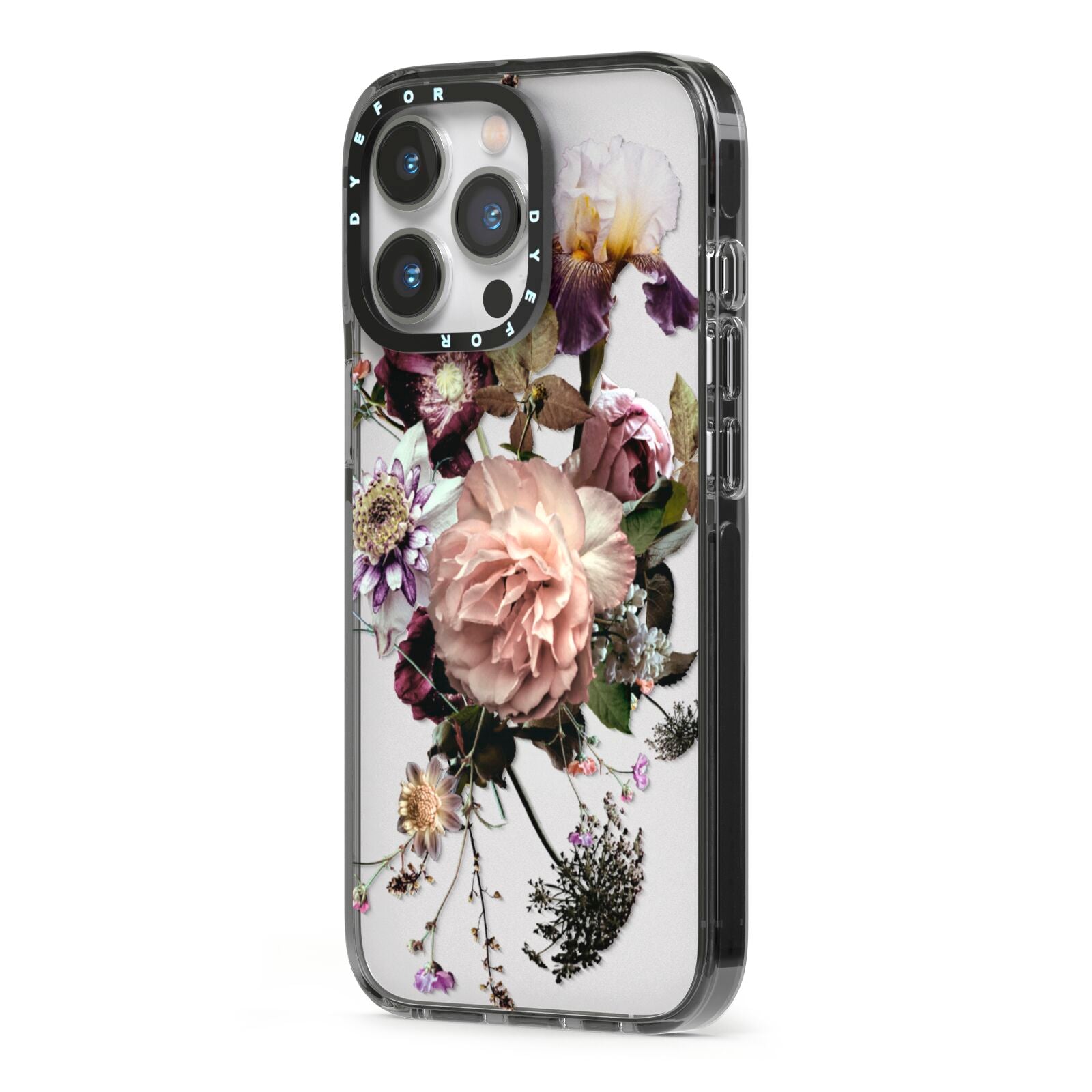Vintage Flowers iPhone 13 Pro Black Impact Case Side Angle on Silver phone