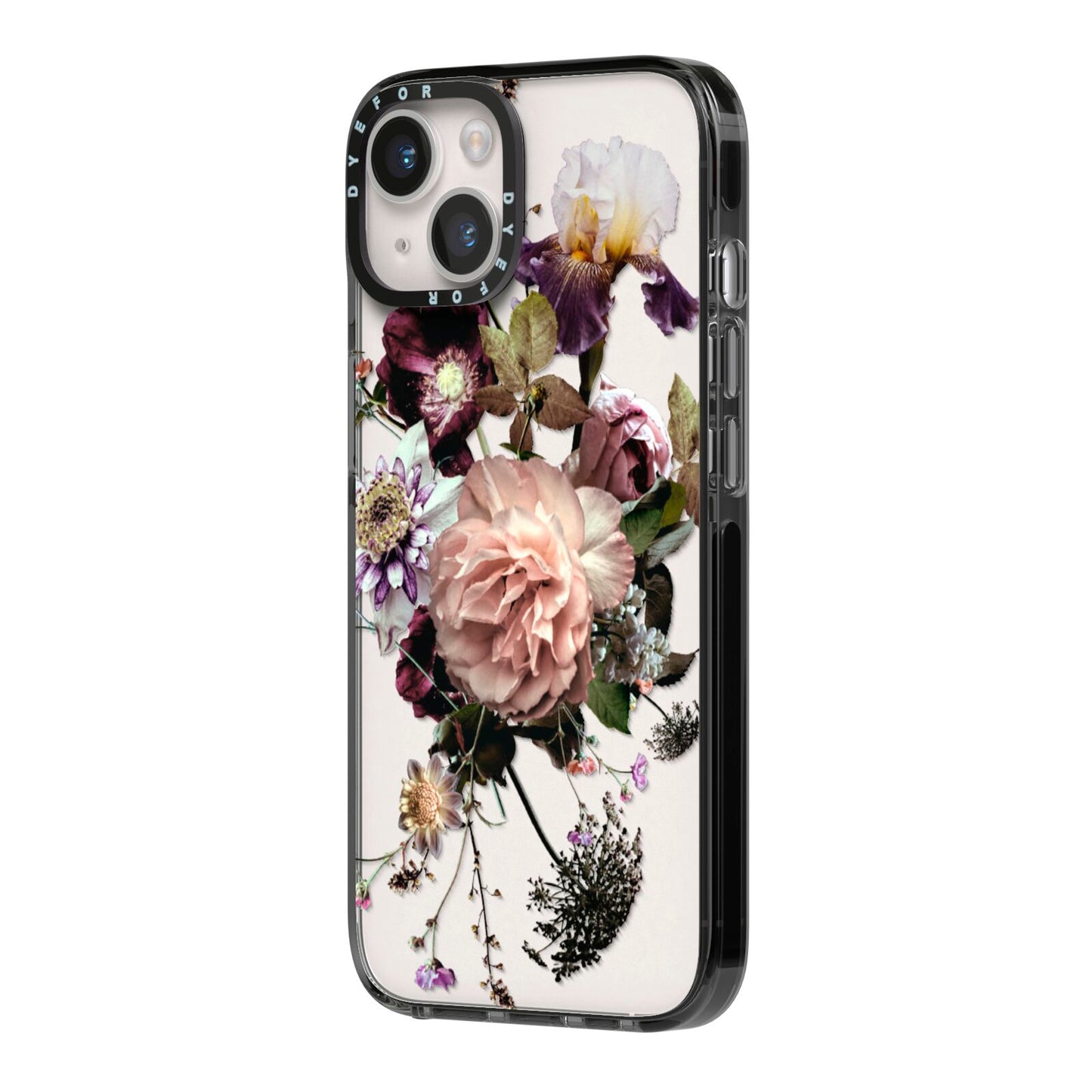 Vintage Flowers iPhone 14 Black Impact Case Side Angle on Silver phone