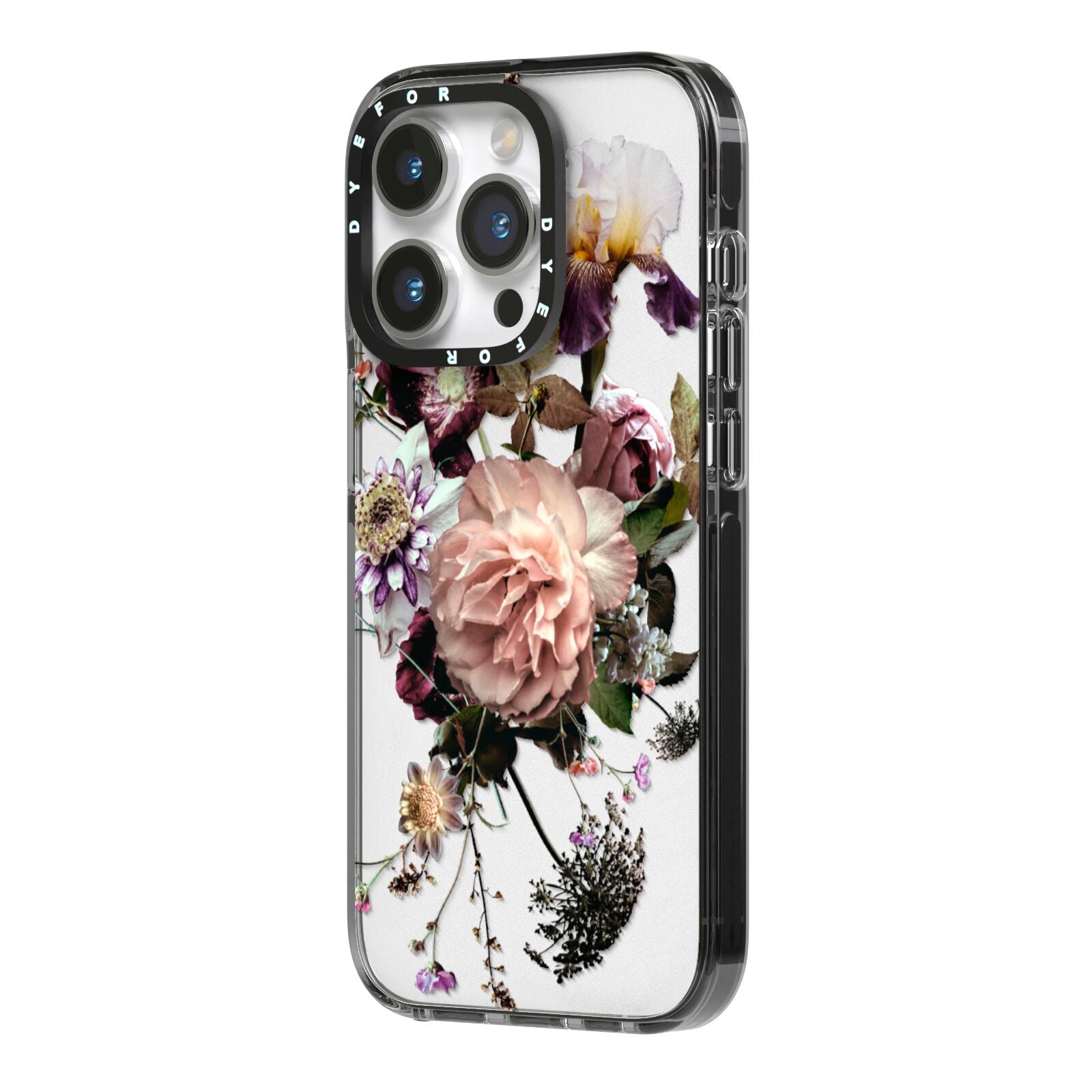 Vintage Flowers iPhone 14 Pro Black Impact Case Side Angle on Silver phone