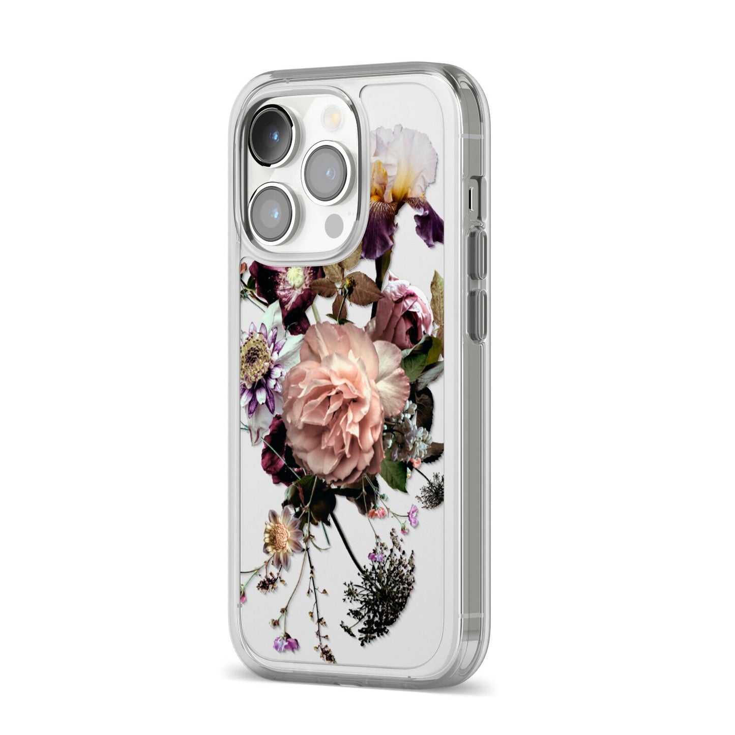 Vintage Flowers iPhone 14 Pro Clear Tough Case Silver Angled Image