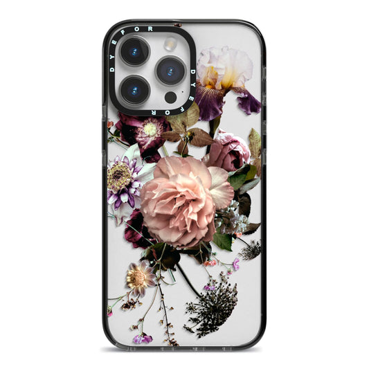 Vintage Flowers iPhone 14 Pro Max Black Impact Case on Silver phone