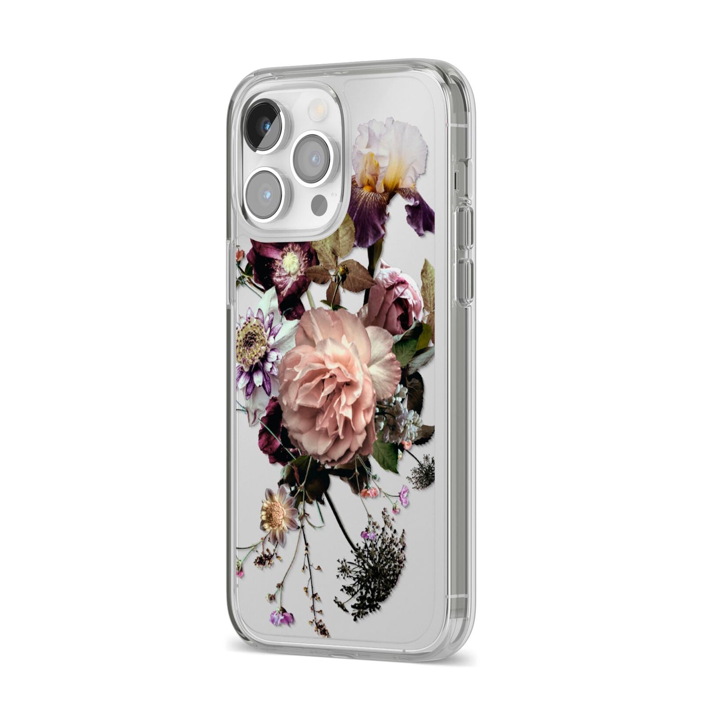 Vintage Flowers iPhone 14 Pro Max Clear Tough Case Silver Angled Image
