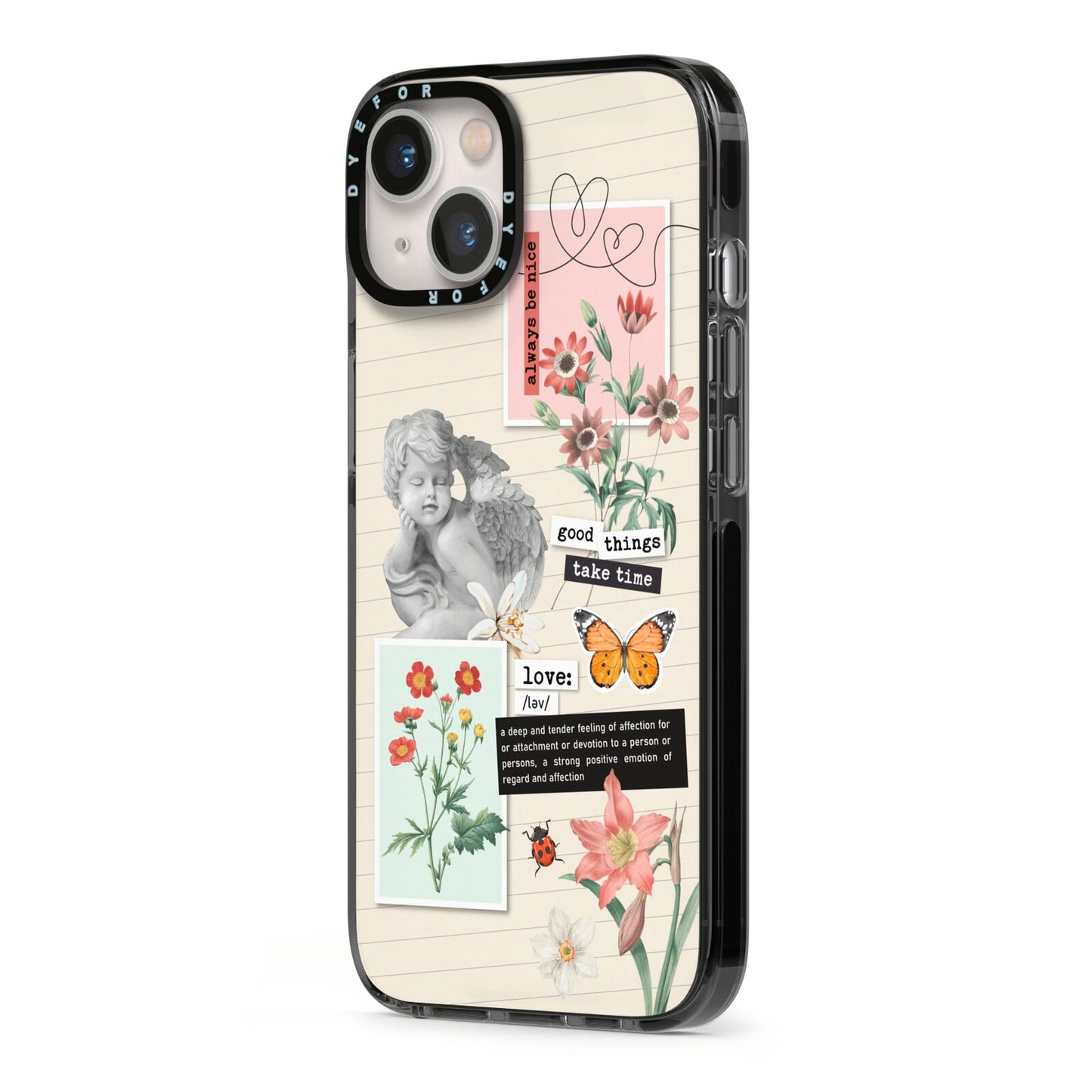 Vintage Love Collage iPhone 13 Black Impact Case Side Angle on Silver phone
