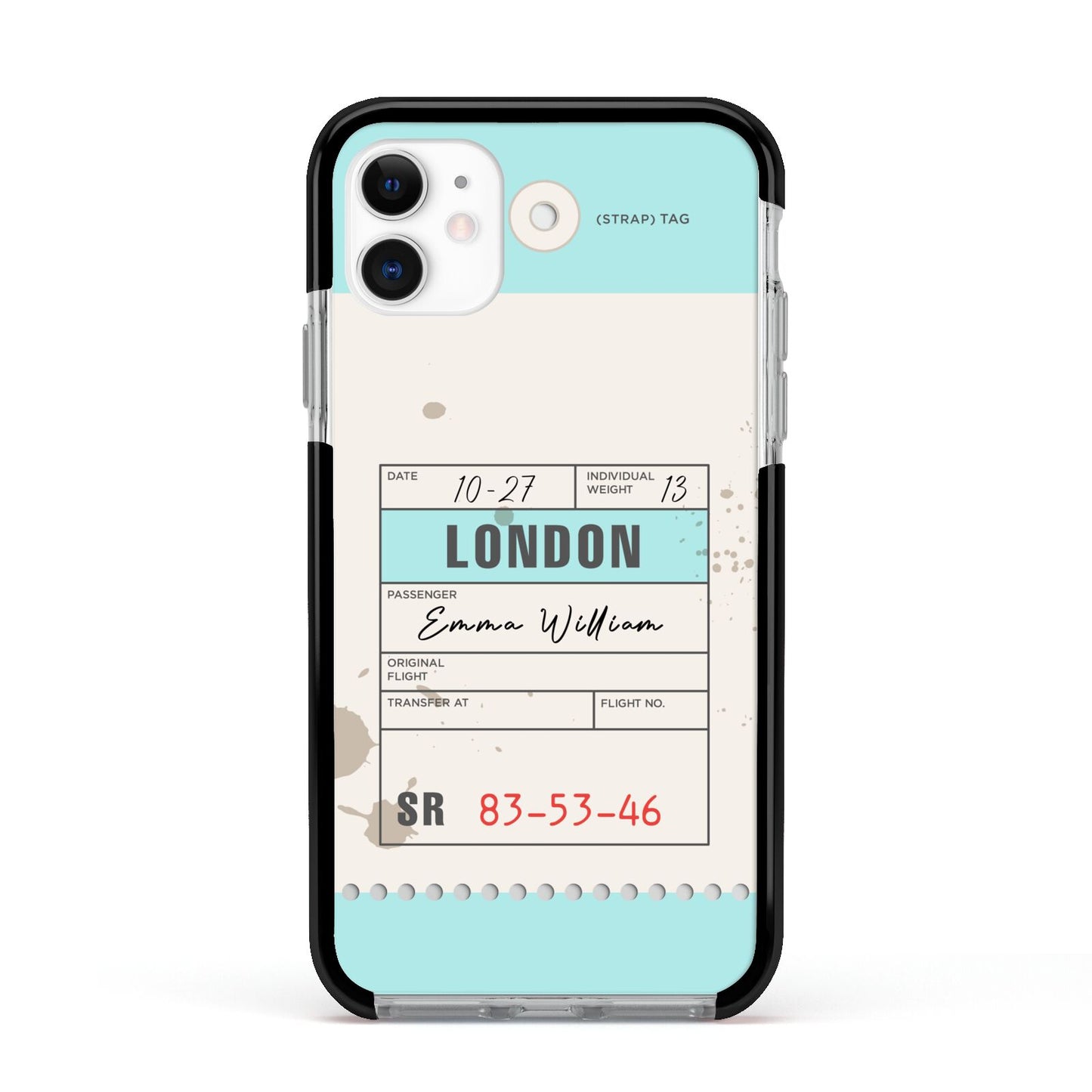 Vintage Luggage Tag Apple iPhone 11 in White with Black Impact Case