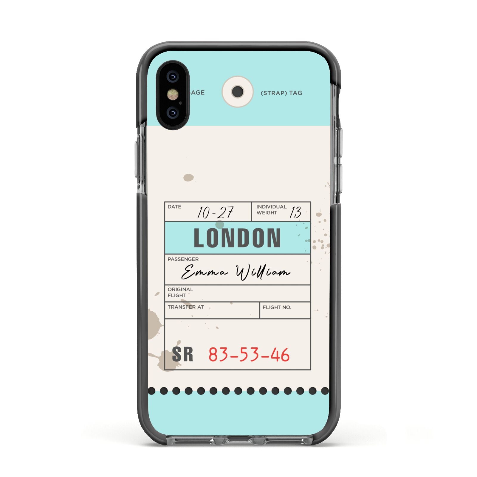 Vintage Luggage Tag Apple iPhone Xs Impact Case Black Edge on Black Phone