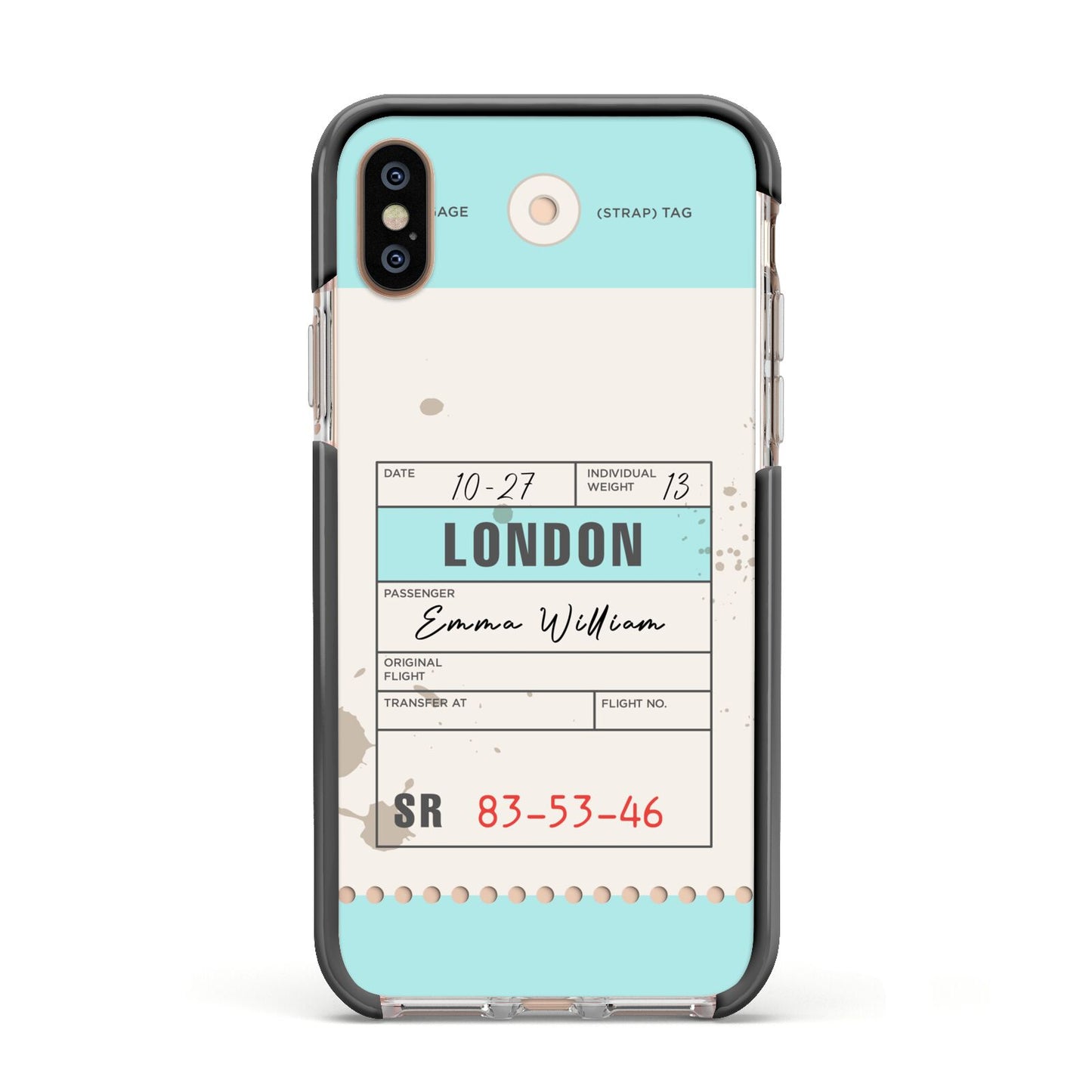 Vintage Luggage Tag Apple iPhone Xs Impact Case Black Edge on Gold Phone