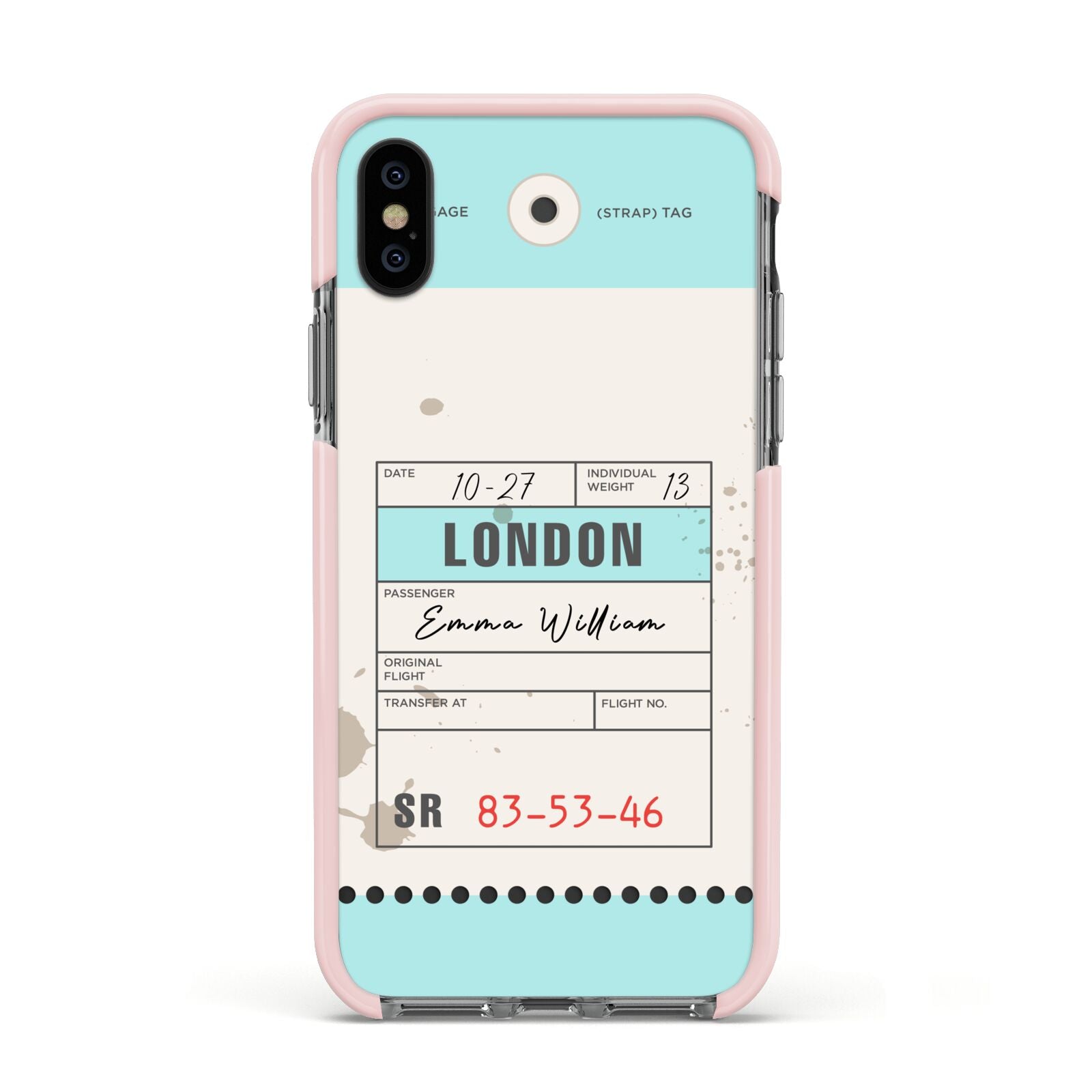 Vintage Luggage Tag Apple iPhone Xs Impact Case Pink Edge on Black Phone