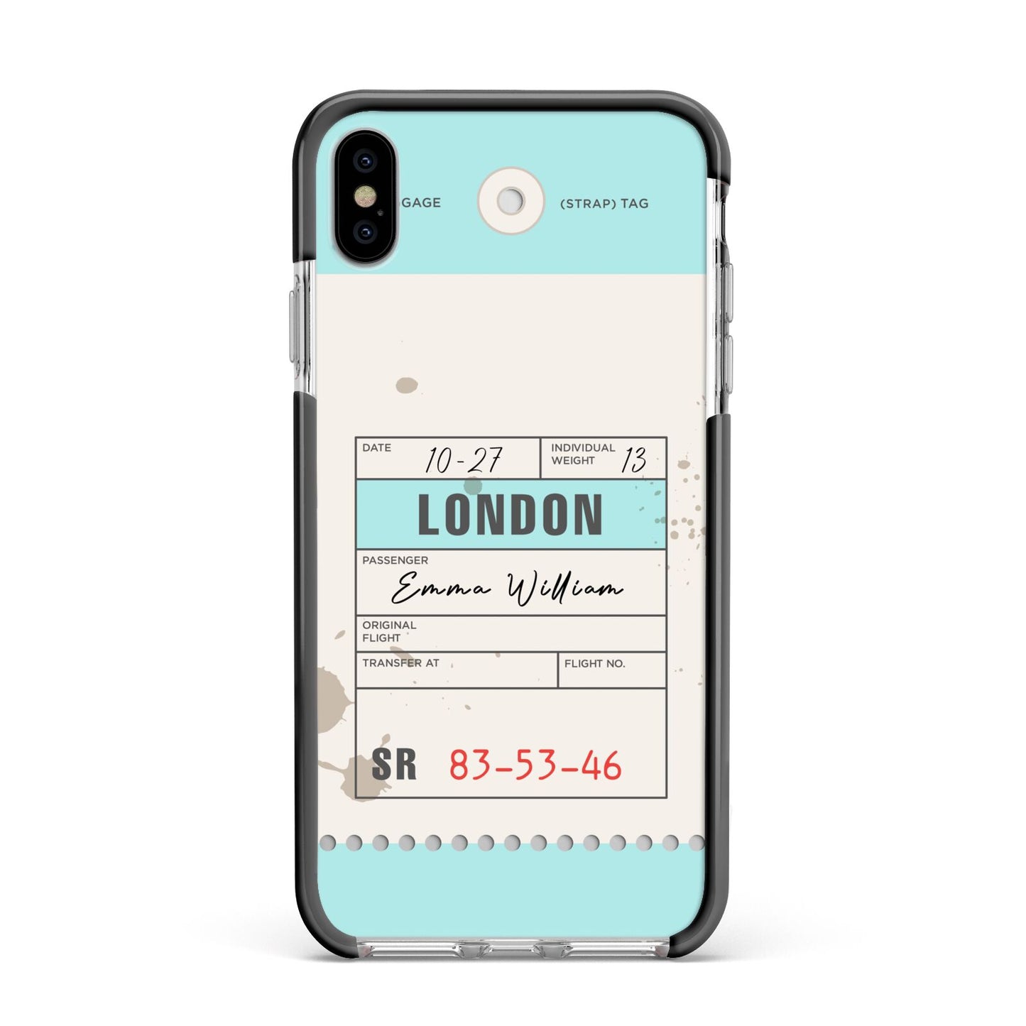 Vintage Luggage Tag Apple iPhone Xs Max Impact Case Black Edge on Silver Phone