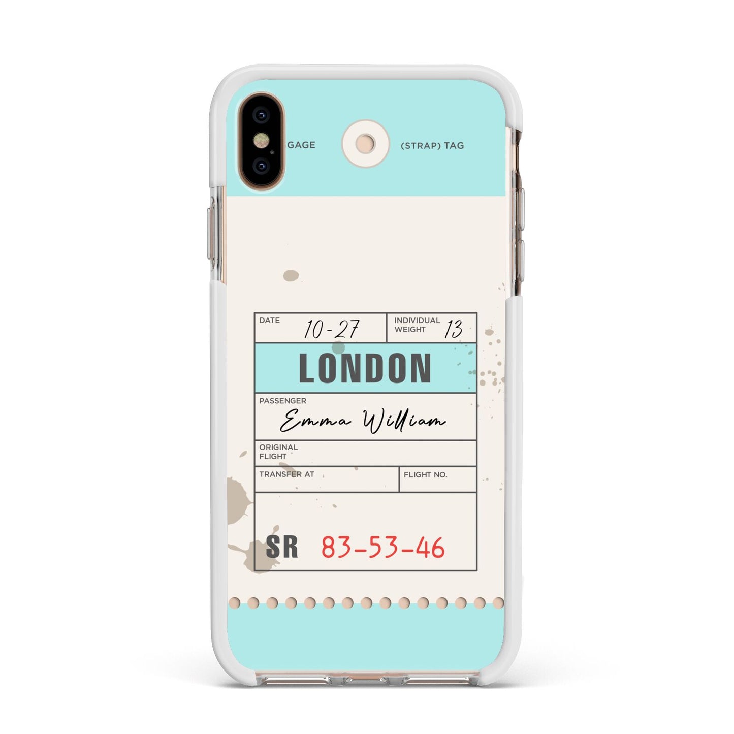 Vintage Luggage Tag Apple iPhone Xs Max Impact Case White Edge on Gold Phone