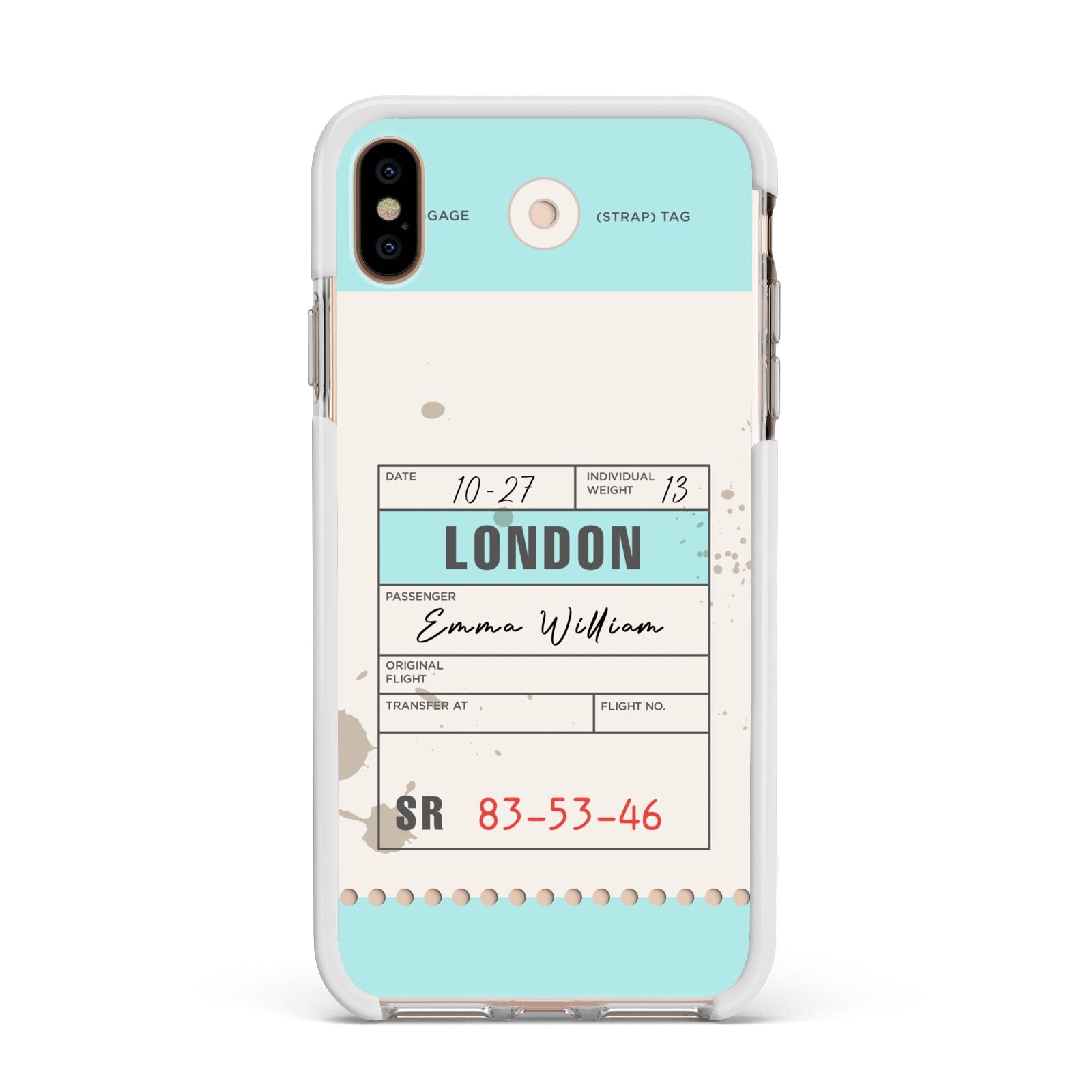 Vintage Luggage Tag Apple iPhone Xs Max Impact Case White Edge on Gold Phone