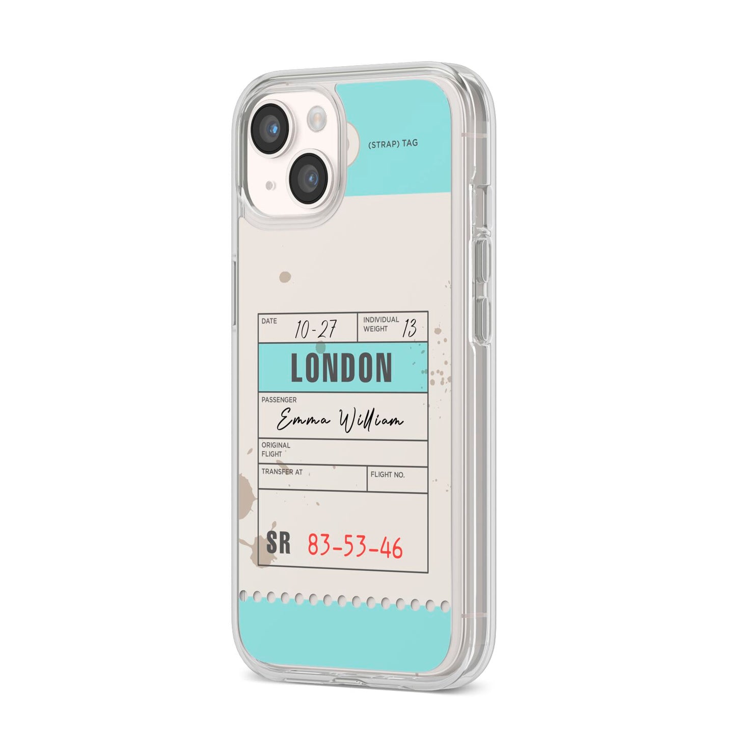 Vintage Luggage Tag iPhone 14 Clear Tough Case Starlight Angled Image