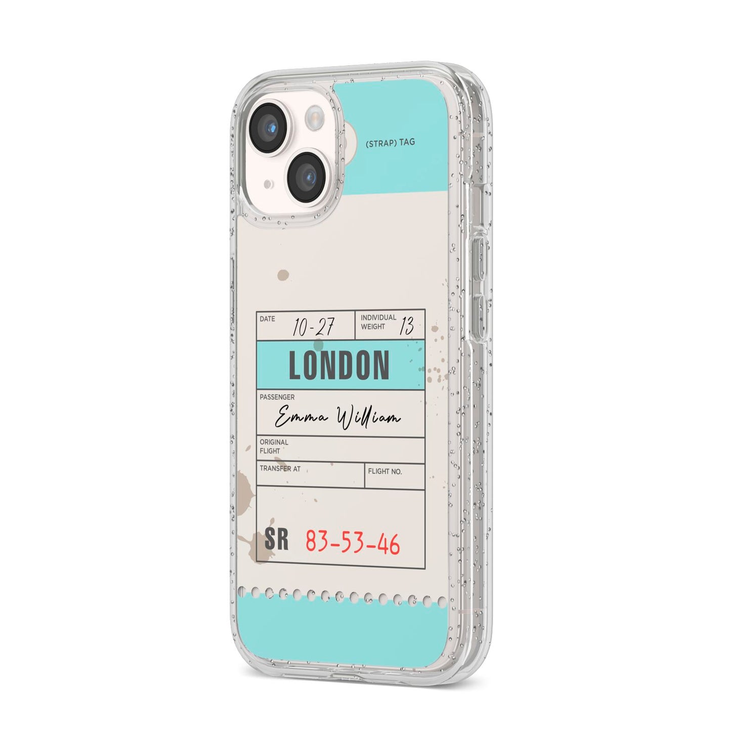 Vintage Luggage Tag iPhone 14 Glitter Tough Case Starlight Angled Image