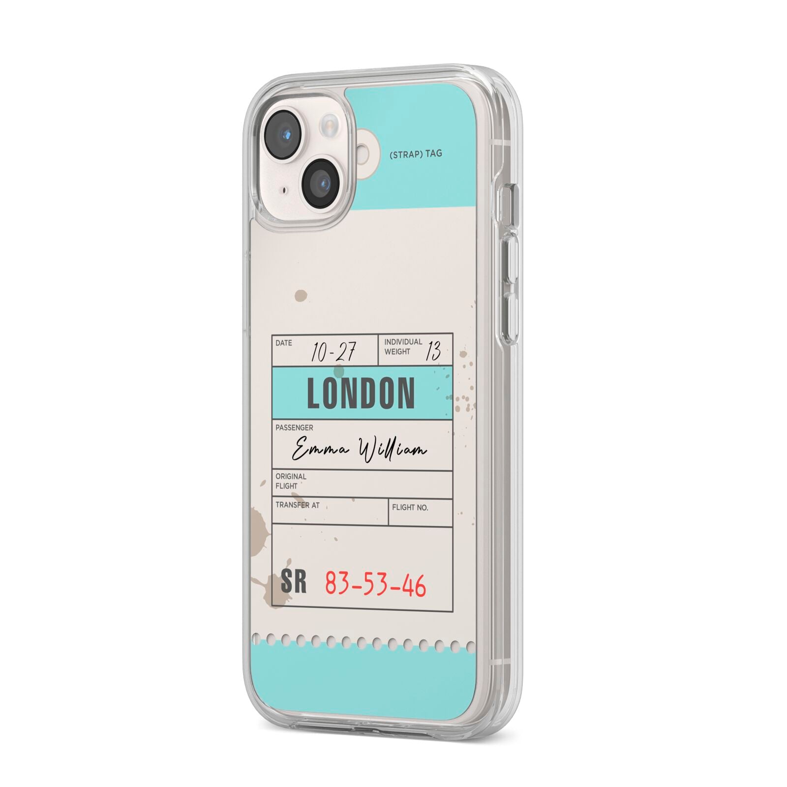 Vintage Luggage Tag iPhone 14 Plus Clear Tough Case Starlight Angled Image