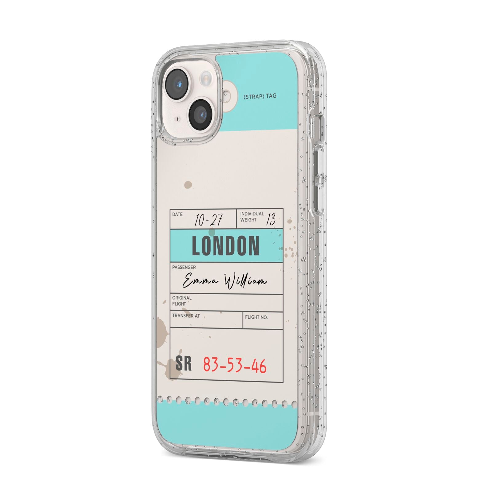 Vintage Luggage Tag iPhone 14 Plus Glitter Tough Case Starlight Angled Image