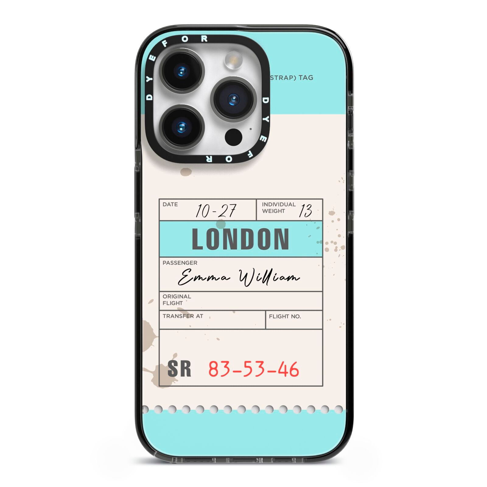 Vintage Luggage Tag iPhone 14 Pro Black Impact Case on Silver phone