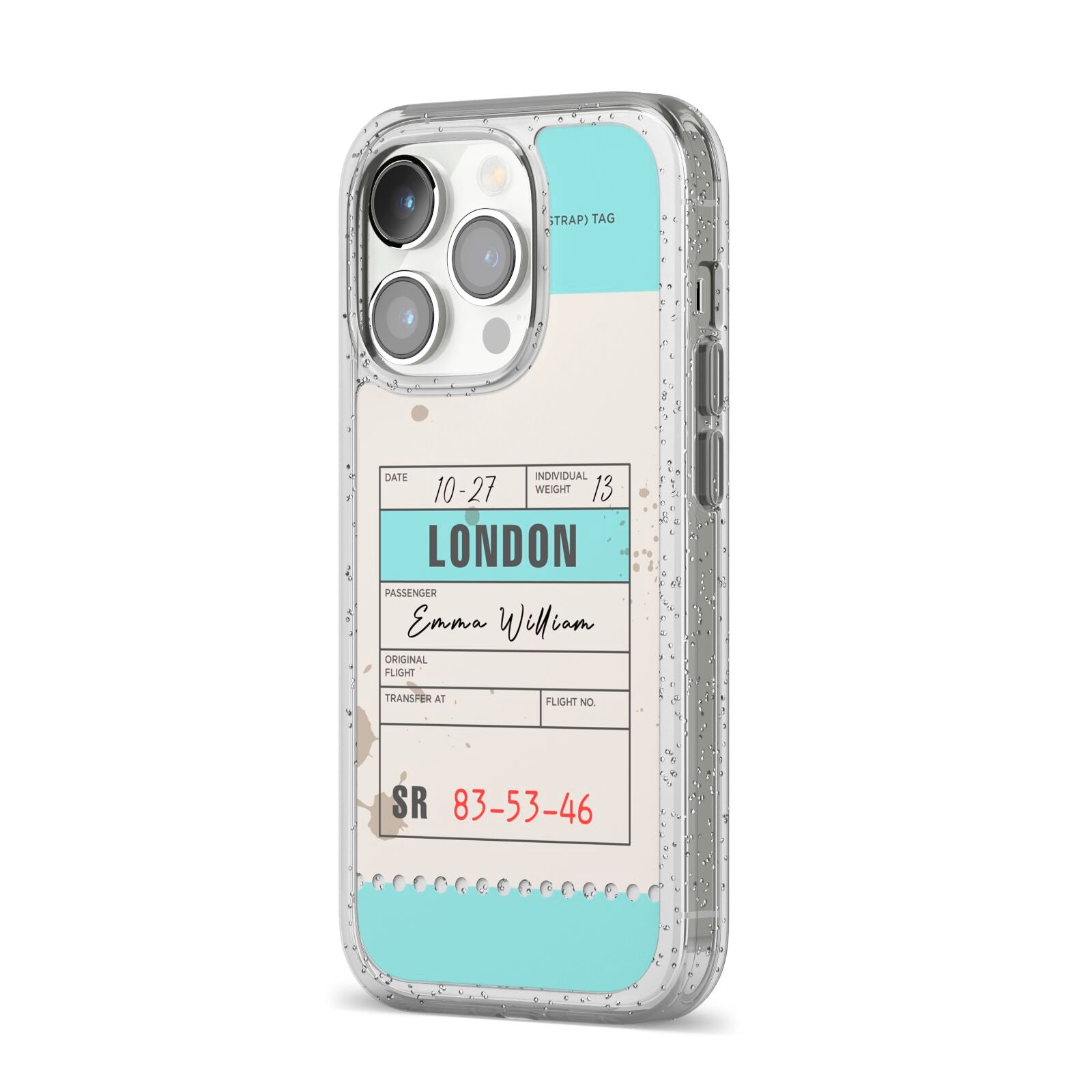 Vintage Luggage Tag iPhone 14 Pro Glitter Tough Case Silver Angled Image