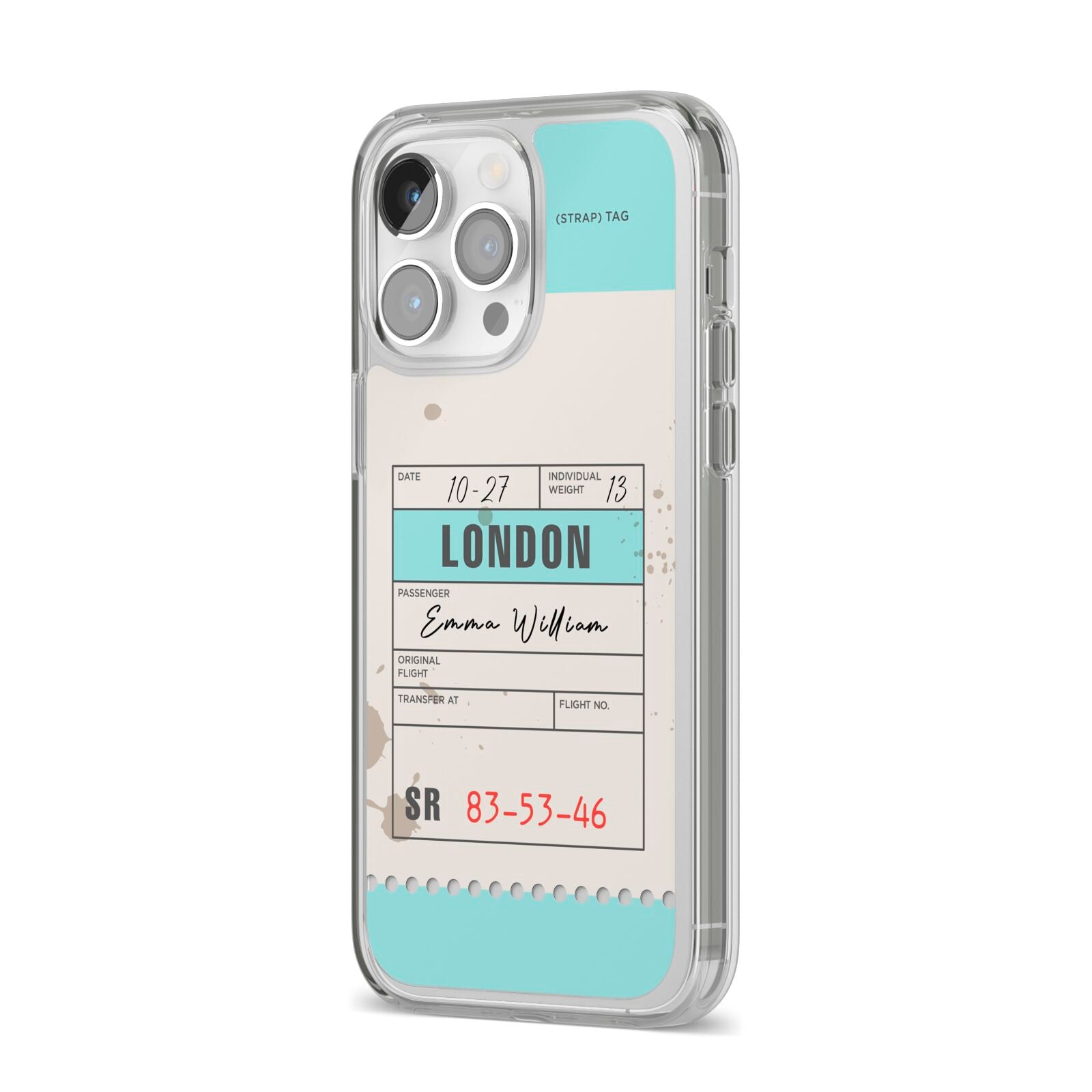 Vintage Luggage Tag iPhone 14 Pro Max Clear Tough Case Silver Angled Image