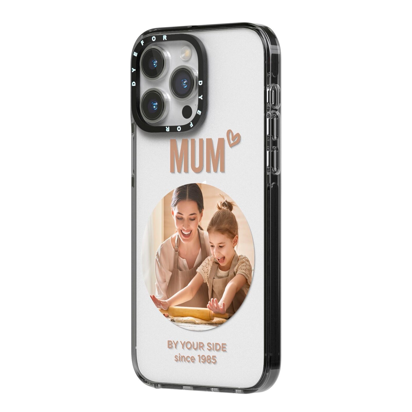 Vintage Mothers Day Photo iPhone 14 Pro Max Black Impact Case Side Angle on Silver phone