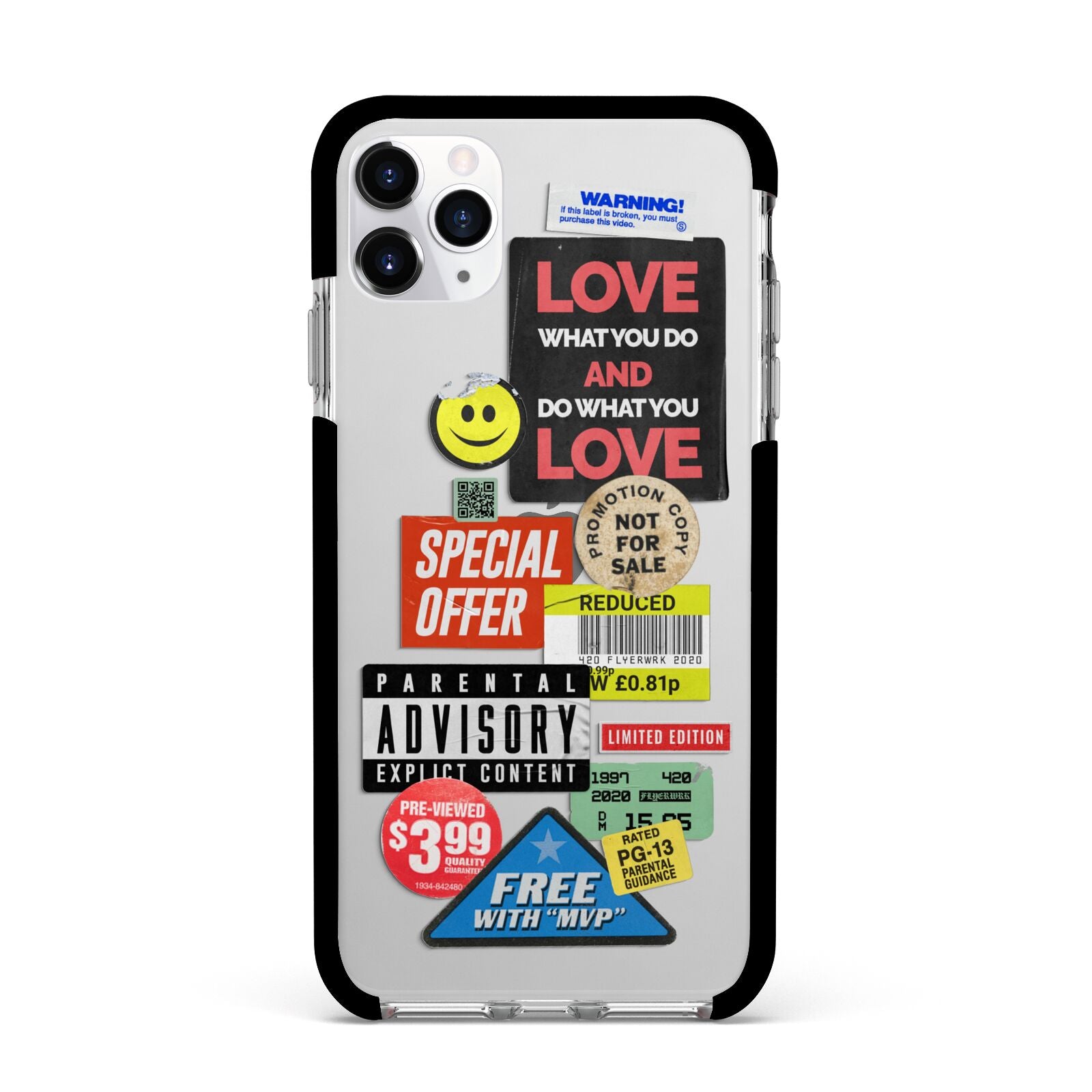 Vintage Retro Stickers Apple iPhone 11 Pro Max in Silver with Black Impact Case